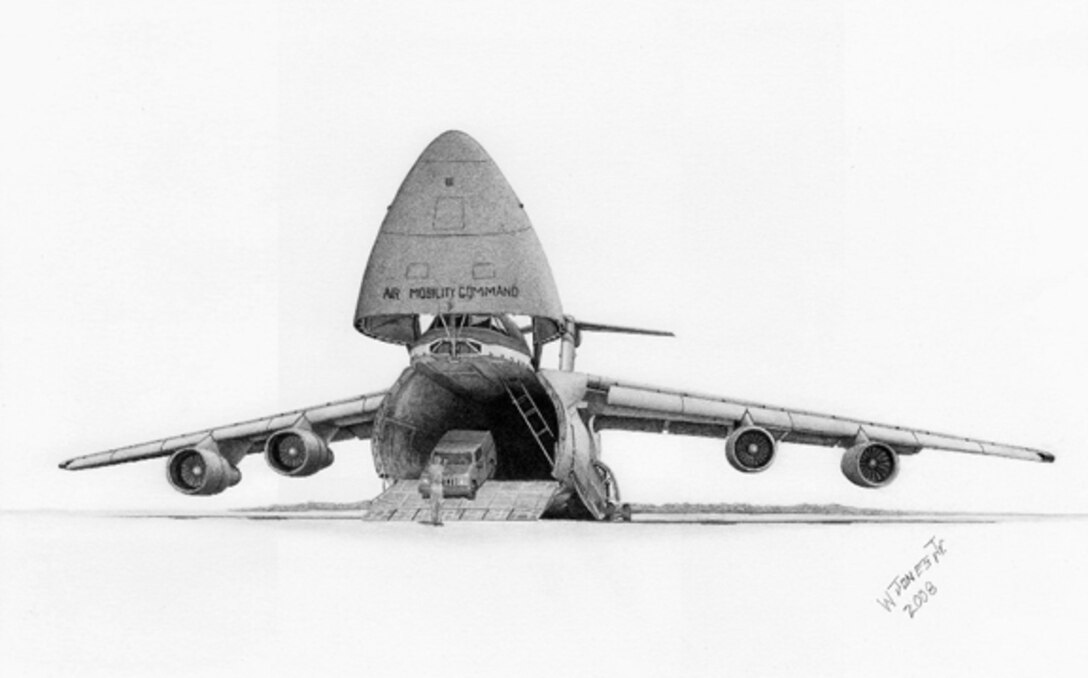 C-5B Galaxy  Art by Willie Jones. This image is copyrighted and is the property of Willie Jones Jr. and is available only to members of the Armed Forces and Military organizations.  The C-5B Galaxy is a long-range heavy lifting air transport.  It is capable of carrying over 264,000 pounds in its main cargo compartment plus 73 passengers or fully equipped combat troops in the upper rear personnel compartment.