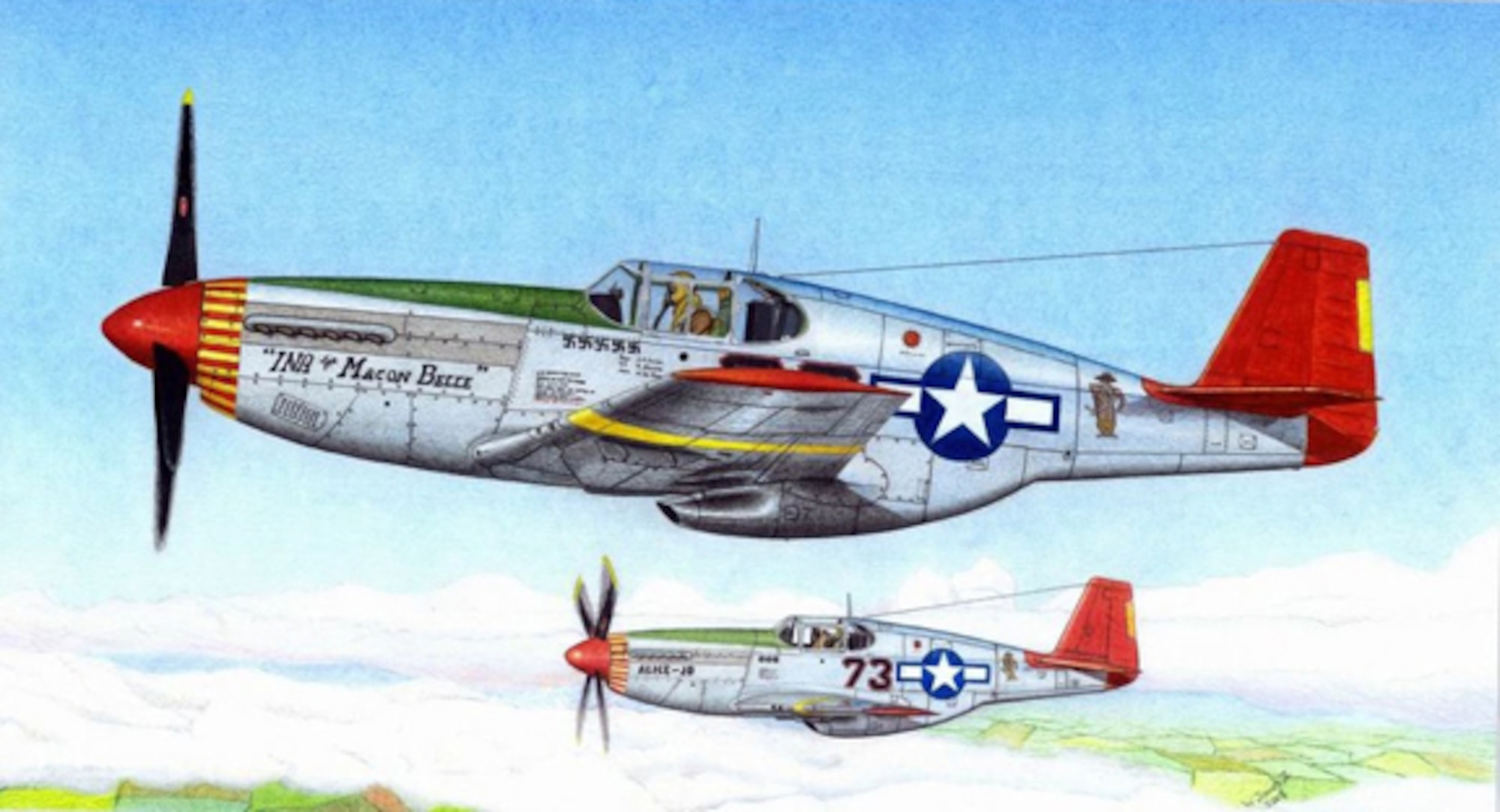 P-51C Mustang “Gruesome Twosome”   Art by Willie Jones. This image is copyrighted and is the property of Willie Jones Jr. and is available only to members of the Armed Forces and Military organizations.  Gruesome Twosome was often used to describe the 332ND Fighter Group’s most successful lead pilot - wingmen combination, 1Lt Lee A. Archer, “INA the Macon Belle”, and Capt Wendell O. Pruitt, “ALICE - JO”.  1Lt Archer and Capt Pruitt each accounted for 11 air and ground enemy kills with five and three air victories respectively.  1Lt Archer is the only documented “Ace” of the Tuskegee Airmen.  He was originally listed with five kills although official Air Force records indicate four air-to-air kills.  His victory credits were re-accessed and one claim was disallowed and listed as a probable.  This process removed him from the list of American Aces.  Many aerial victory lists credit him with 4, 4.5, or 5 victories.  1Lt Archer and Capt Pruitt were flamboyant and headstrong men who worked well together.  Both being from big cities, were considered “Hip Cats”.  1Lt Archer was from New York City and Capt Pruitt was from St Louis.  They liked the term and had a Zoot Suit clad “Hip Cat” painted on their “Red Tailed” P-51C Mustangs.  1Lt Lee A. Archer continued his military career and retired as a Lt Colonel but Capt Pruitt was not as fortunate.  Capt Wendell O. Pruitt was killed in a flying accident at Tuskegee Army Air Field after returning from a combat tour in Italy.  He was training a new cadet when the accident occurred.  It was speculated that the young cadet froze during a maneuver and the aircraft went down before Capt Pruitt could regain control.
