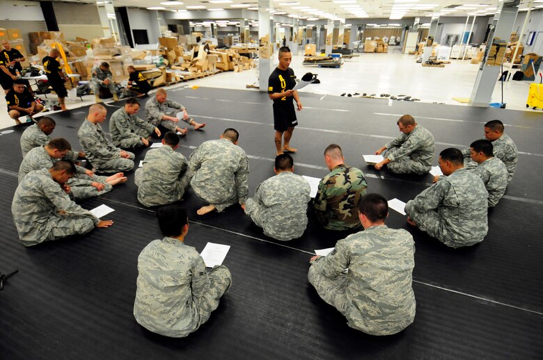 ANDERSEN AIR FORCE BASE, Guam - Ending the training day, lead instructor  Sgt. 1st Class Duane Perez, 1st Battalion 294th Infantry Regiment, reads off to the Soldiers and Airmen during a Modern Army Combative Training  session here June 9. The program is designed to teach Soldiers and Airmen how to fight hand-to-hand when weapons use is not practical in a combat situation. (U.S. Air Force photo by Airman 1st Class Courtney Witt)