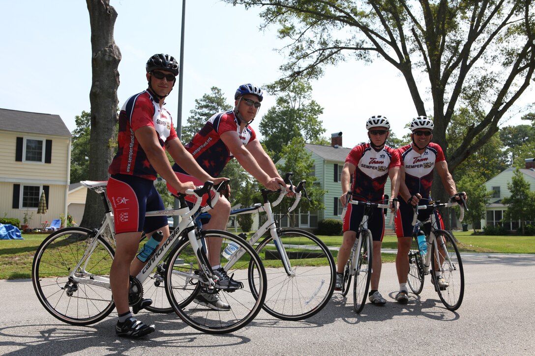 Marines with the Wounded Warrior Battalion – East and Brian Renier, cycling project manager, ride around Marine Corps Base Camp Lejeune during one of their cycling sessions. Cycling is currently being used as a form of rehabilitation with the Warrior Athlete Rehabilitation program with the battalion.  It is designed to help with the recovery process and overcome the Marines’ injuries while getting back into physical shape and building their morale.  Aside from increasing muscle strength, endurance and balance, it also manages weight, improves memory and help controls behavior.