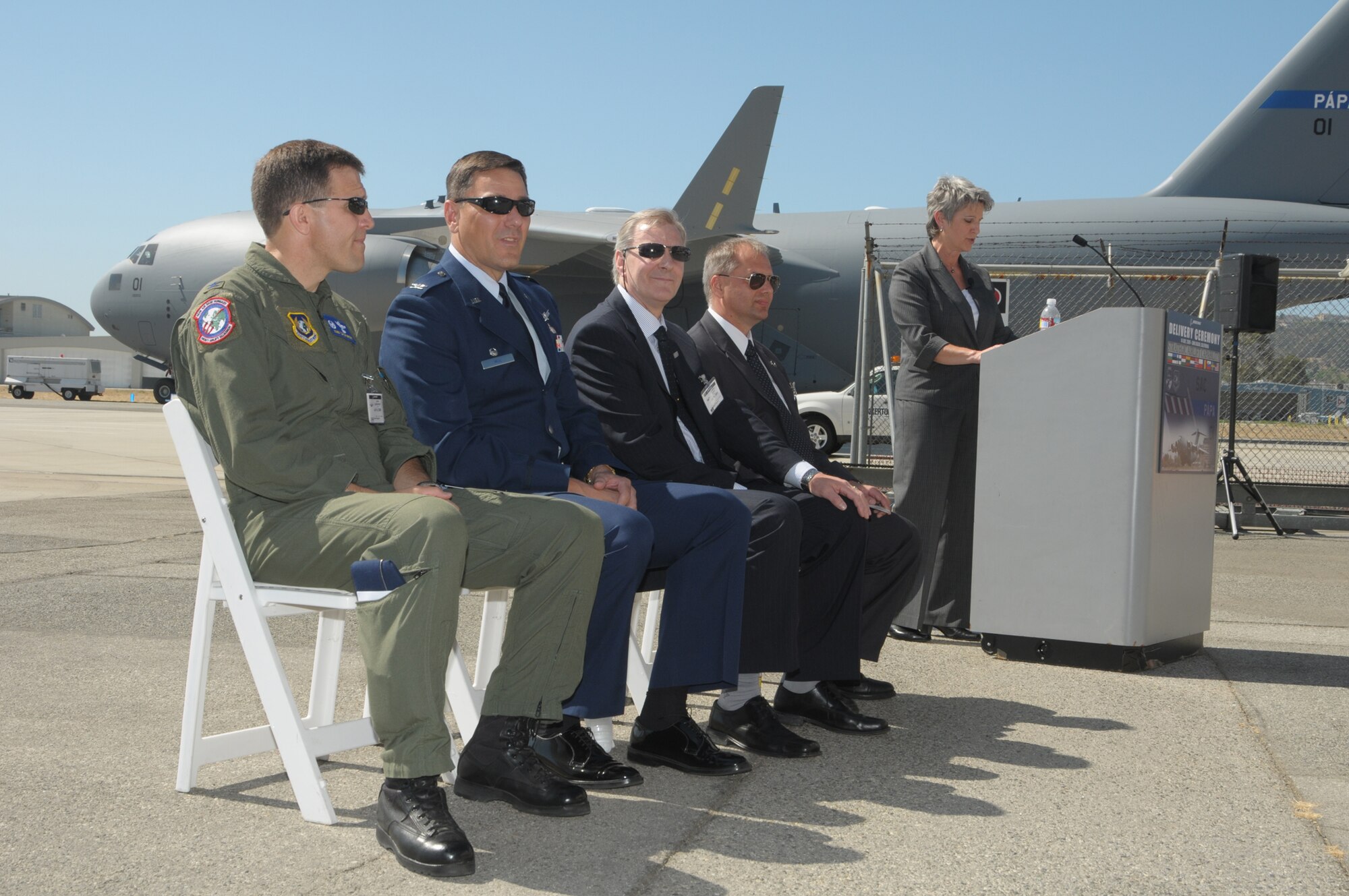 Officials from 12 NATO and Partners for Peace nations, and Boeing participated in a ceremony to deliver the first of three C-17 Globemaster aircraft to  the Strategic Airlift Capability Program, July 14.  The aircraft will be based at Papa Air Base Hungary, home to the SAC Program's multinational, operational-level Heavy Airlift Wing. (Photo by Joe Juarez)