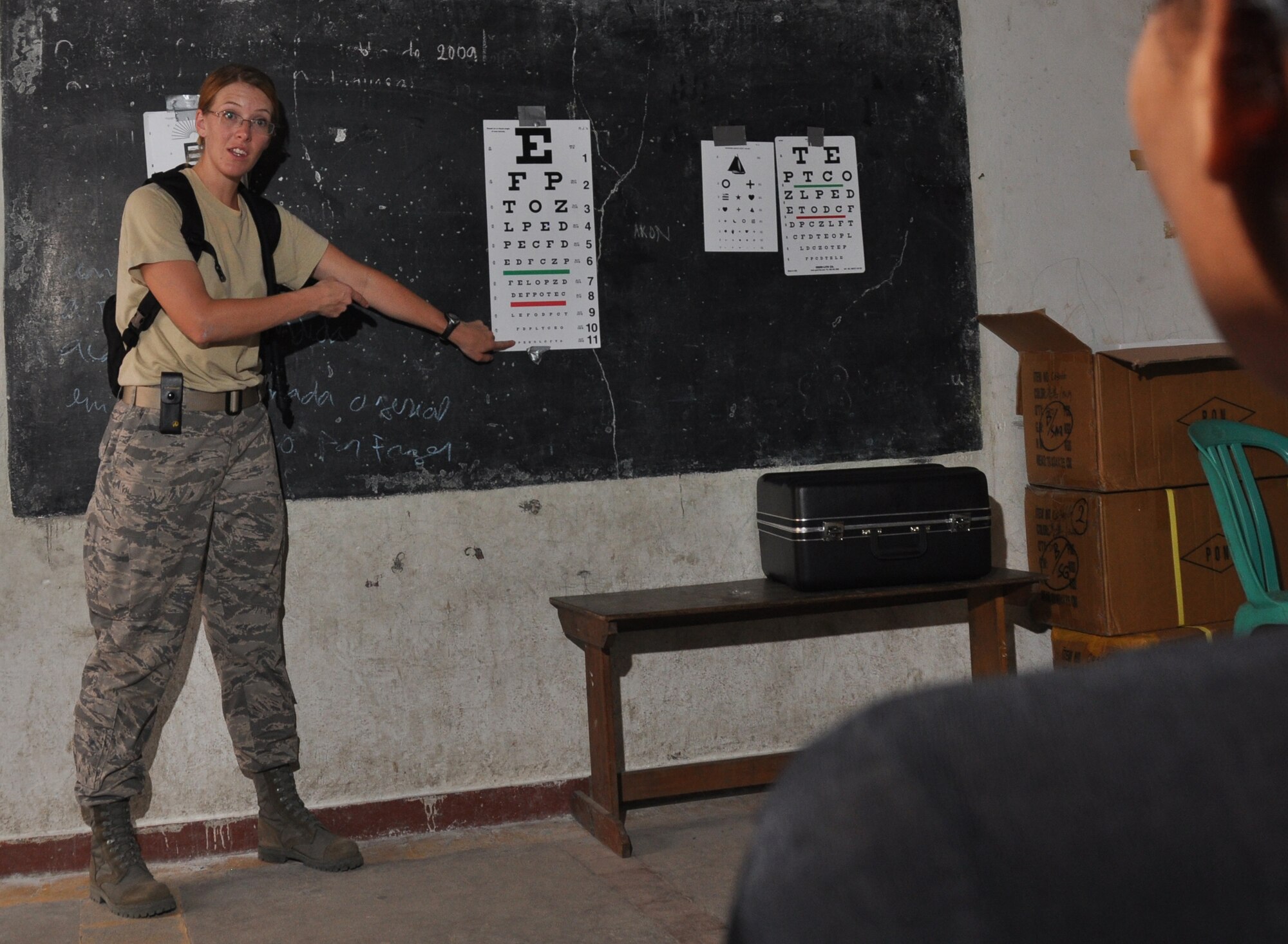 Staff Sgt. Jacqueline Crimmins guides an East Timorese woman through an eye chart during a free examination at a clinic Dili, Timor Leste, July 16. Sergeant Crimmins is an optometry technician assigned to the 51st Medical Group at Osan Air Base, South Korea. East Timorese and U.S. officials set up the clinic as part of Operation Pacific Angel 2009, a Pacific Air Forces humanitarian assistance operation led by 13th Air Force at Hickam Air Force Base, Hawaii. (U.S. Air Force photo/Tech. Sgt. Cohen A. Young)  