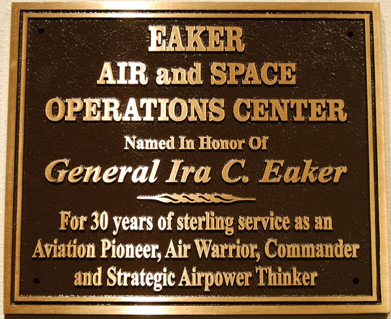 A plaque commemorating the newly dedicated Eighth Air Force Eaker Air & Space Operations Center at Barksdale Air Force Base, La. (U.S. Air Force photo/Carla Pampe)