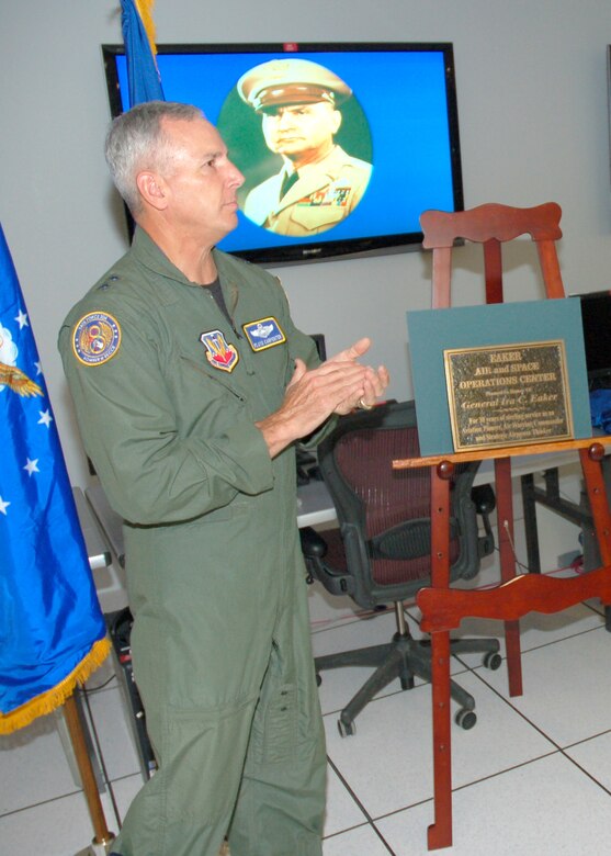 Maj. Gen. Floyd L. Carpenter, 8th Air Force commander, unveils the plaque for the newly dedicated Eighth Air Force Eaker Air & Space Operations Center at Barksdale Air Force Base, La., July 15. (U.S. Air Force photo/Carla Pampe)