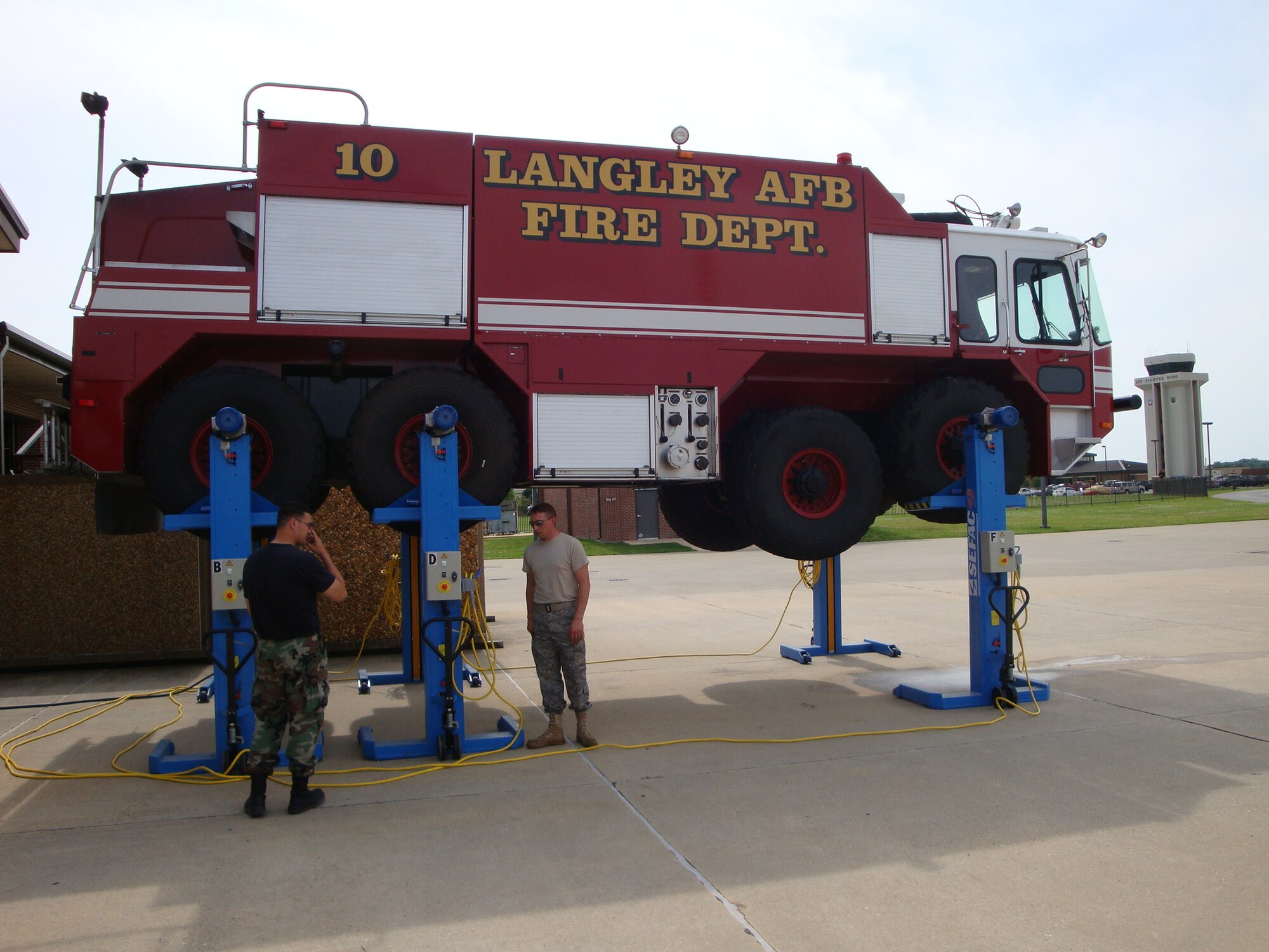 The Langley Fire Department received six lifts recently to assist with repairs to the P-23 crash truck. The new lifts will save approximately $5,000 per maintenance job. (U.S. Air Force photo/James Wise)