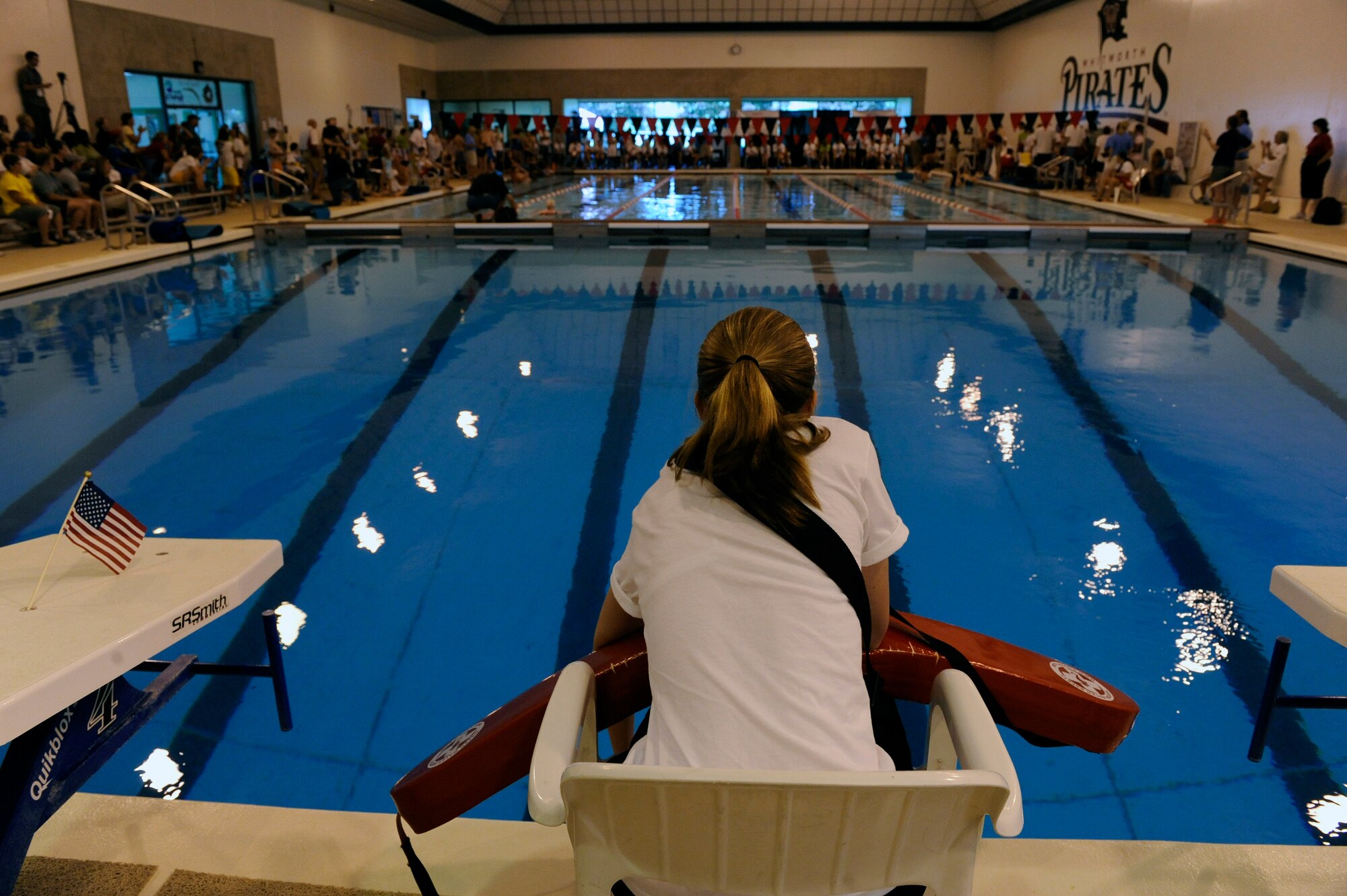 Veterans gather inside the Whitworth University swimming pool during the 29th National Veterans Wheelchair Games July 15 in Spokane, Wash. The 29th National Veterans Wheelchair Games runs through July 19. (U.S. Air Force photo/Staff Sgt. Desiree N. Palacios)