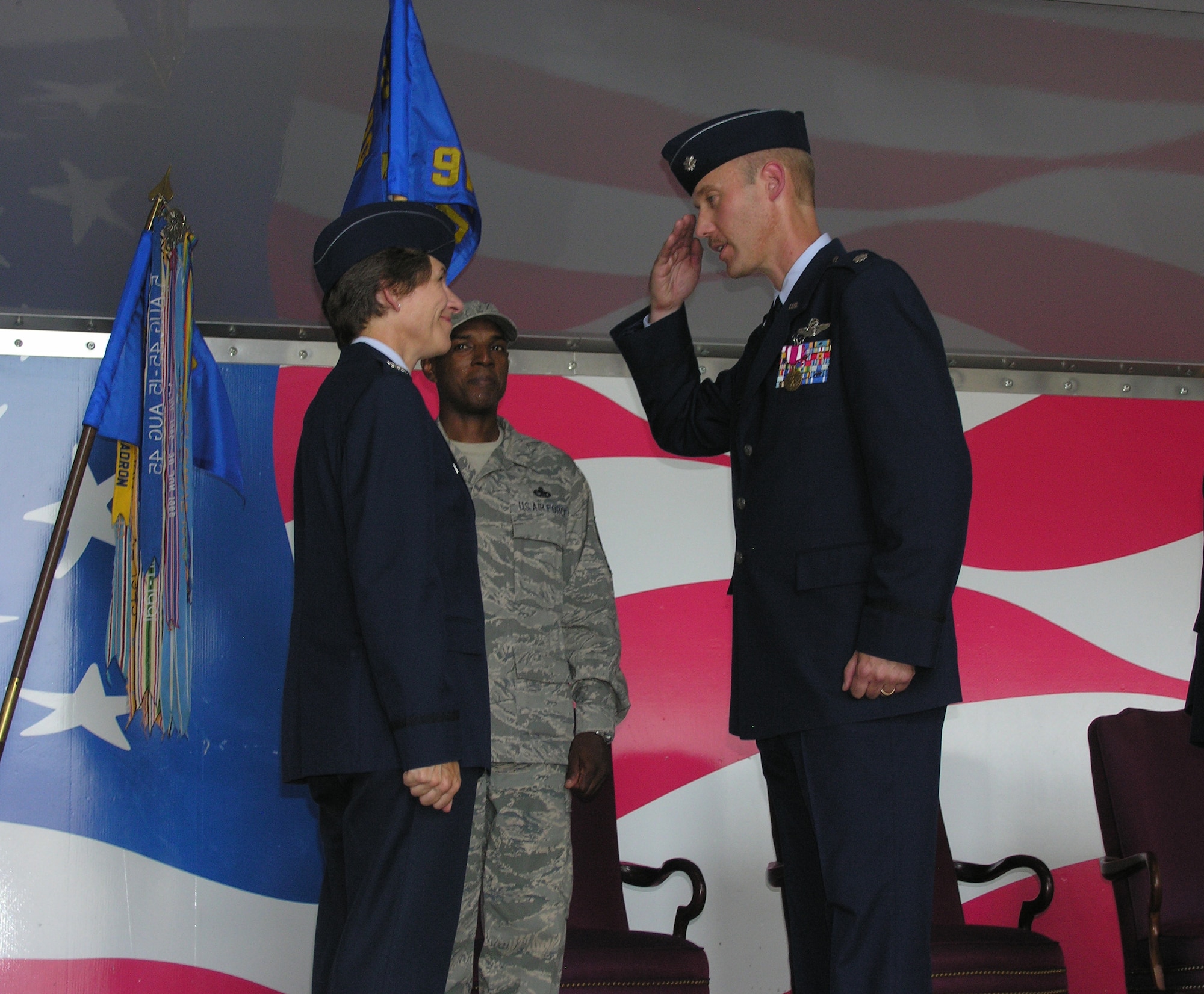 SEYMOUR JOHNSON AIR FORCE BASE, N.C. -- Lt. Col. Eric Jorgensen renders his last salute as the 916th Operations Support Squadron commander to Col. Caroline Evernham, 916th Operations Group commander during the July unit training assembly. Lt. Col. Jorgensen was selected to attend the Industrial College of the Air Force near the Washington, D.C. area starting this summer.