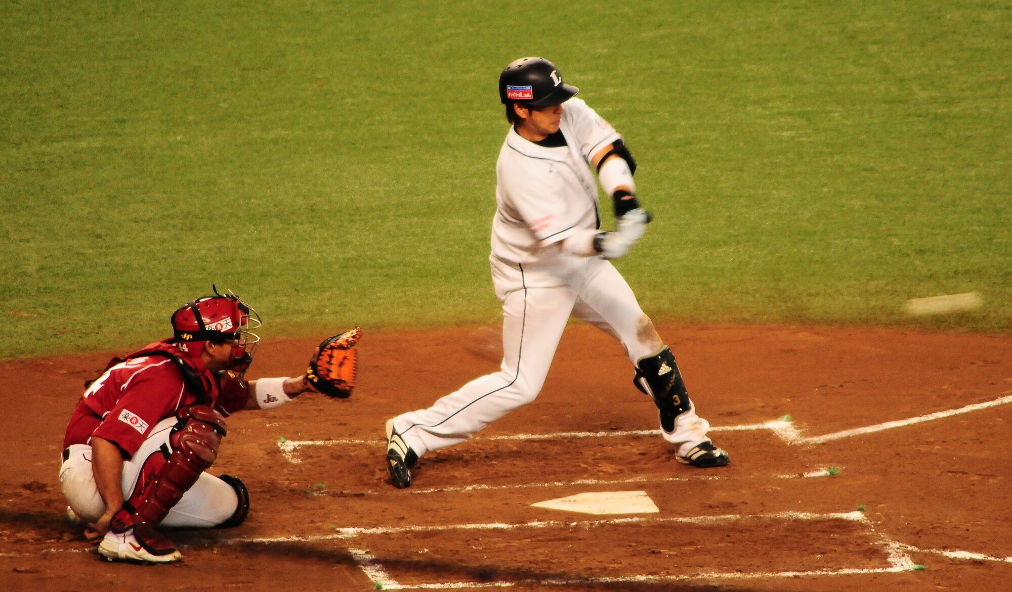 TOKOROZAWA, Japan -- Hiroyuki Nakajima, Saitama Seibu Lions infielder, makes contact against the Tohoku Rakuten Golden Eagles July 14 in Japanese Baseball League action at the Seibu Dome. The Musashimurayama Yokota Friendship Club treated members of the 374th Operations Group to the game. The club hosts several events throughout the year to strengthen the relationship between the two communities (U.S. Air Force photo/Airman Sean Martin)