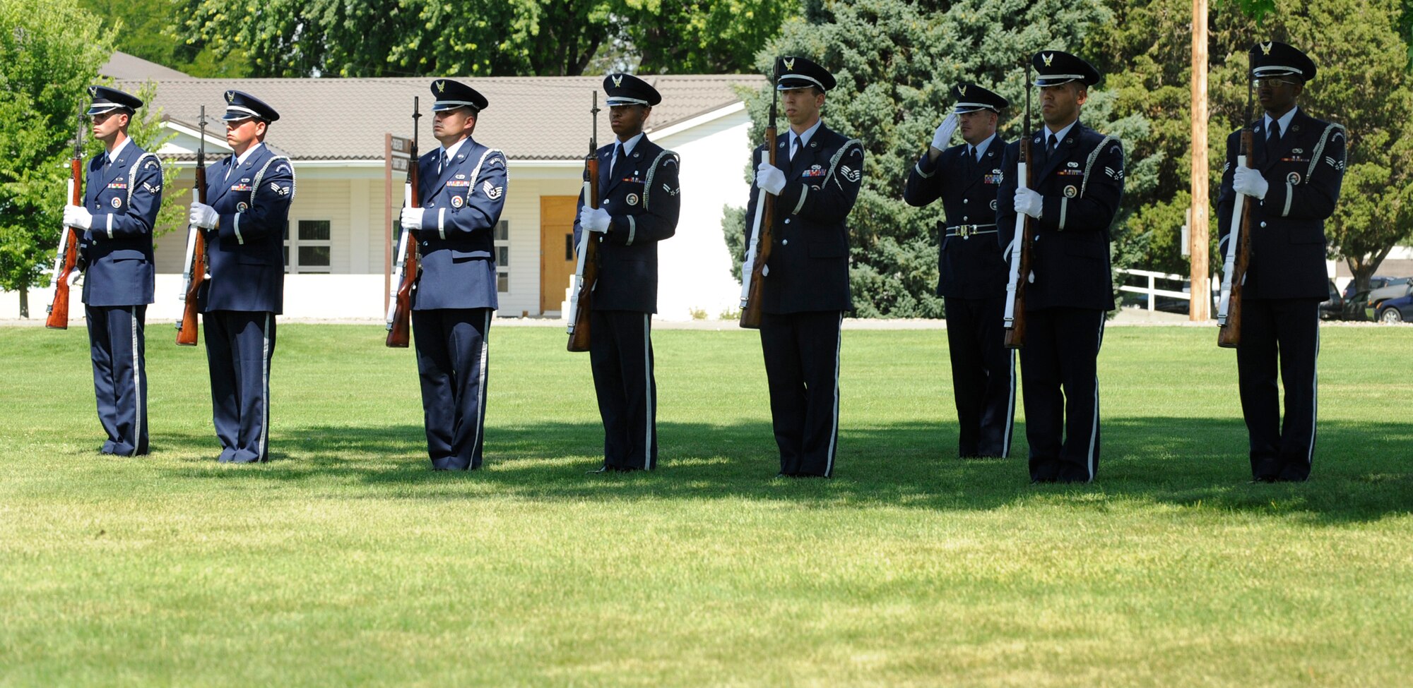 MOUNTAIN HOME AIR FORCE BASE, Idaho-- The Mountain Home Air Force Base Honor Guard renders a seven-man, three-volley salute to Capt. Mark Zampogna, who died July 11 when he was removed from medical life support equipment, during memorial service July 17 at Holt Park. The captain, from the 366th Operations Support Squadron, had been at St. Alphonsus Hospital in Boise, Idaho, in critical condition since July 6 after he was severely injured in a vehicle accident near McCall, Idaho. (U.S. Air Force photo by Airman 1st Class Renishia Richardson)