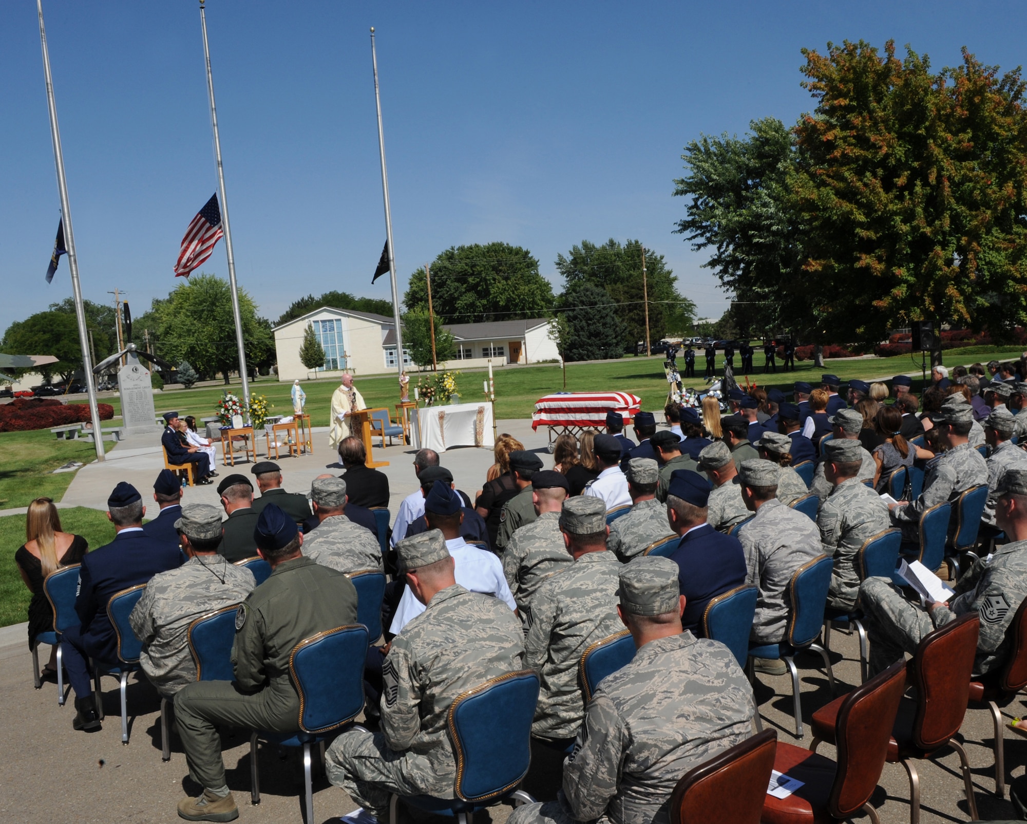MOUNTAIN HOME AIR FORCE BASE, Idaho – Members of the 366th Fighter Wing pay their respects to Capt. Mark Zampogna, who died July 11 when he was removed from medical life support equipment, during a memorial service July 17 at Holt Park. The captain, from the 366th Operations Support Squadron, had been at St. Alphonsus Hospital in Boise, Idaho, in critical condition since July 6 after he was severely injured in a vehicle accident near McCall, Idaho. (U.S. Air Force photo by Airman 1st Class Renishia Richardson)