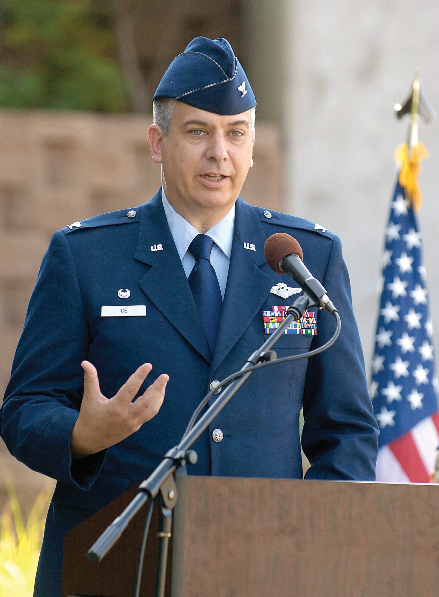 Col. James Ice accepted command of the 72nd Aerospace Medicine Squadron from outgoing commander Col. Craig Packard during a change of command ceremony July 7. (Air Force photo by Margo Wright)