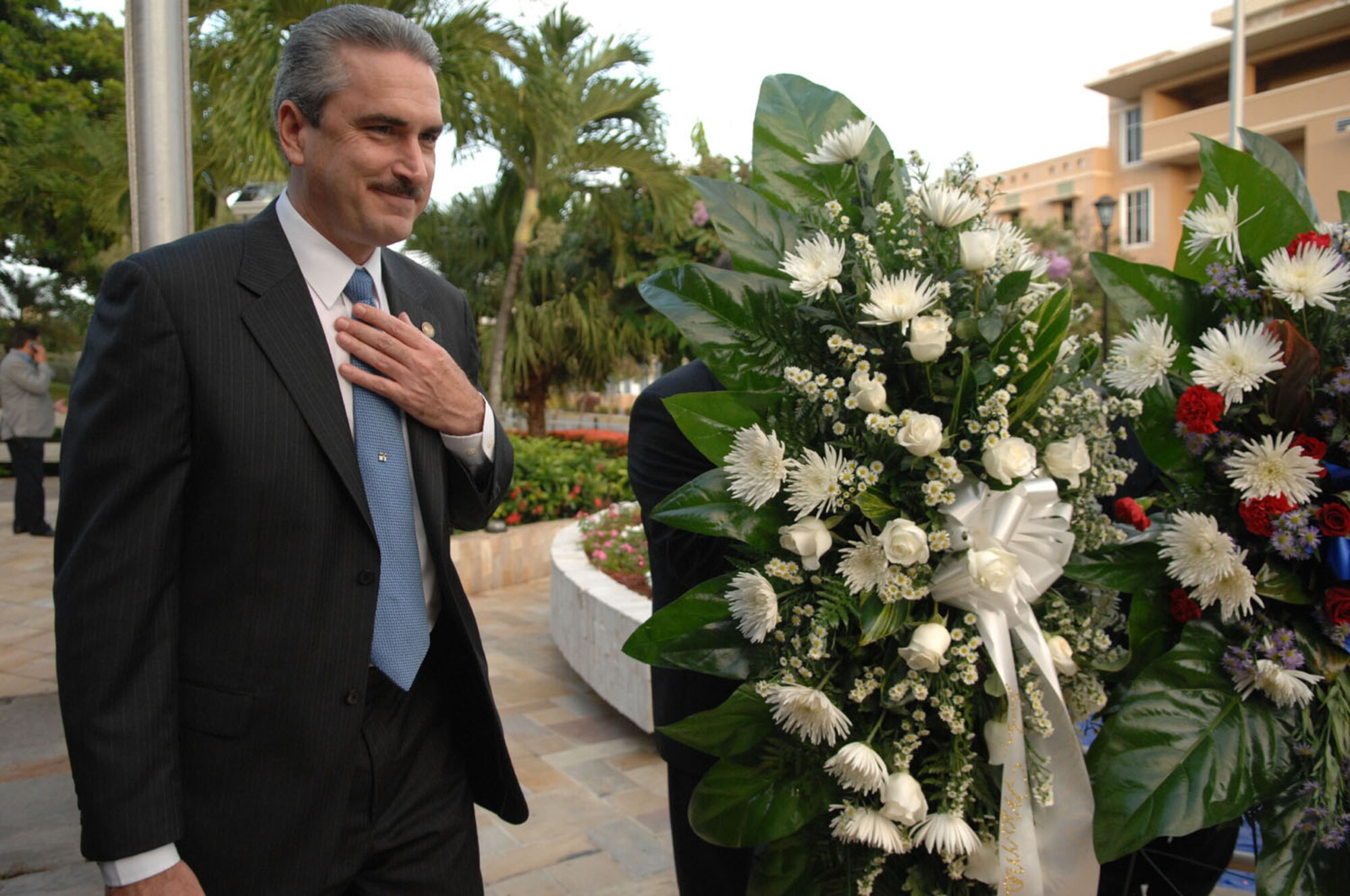 Puerto Rico President of The Senate Hon. Tomas Rivera-Schatz lays a wreath at El Capitolio's El Monumento de la Recordacion (Memorial Monument) as part of the memorial ceremony in Old San Juan, Puerto Rico, the location of the 2009 League of United Latin American Citizens Convention and Exposition at San Juan, Puerto Rico, July 14, 2009. (U.S. Air Force photo/Tech. Sgt. Francisco V. Govea II)