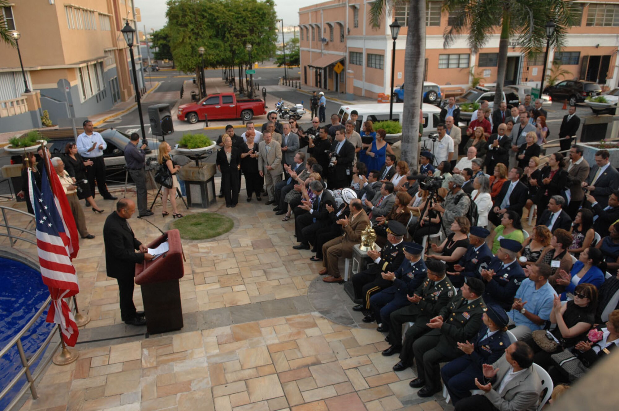Dignitaries and spectators turn out for a memorial wreath laying ceremony at the El Capitolio's El Monumento de la Recordacion (Memorial Monument) in Old San Juan, Puerto Rico, July 14, 2009. The ceremony was part of the 2009 League of United Latin American Citizens Convention and Exposition. LULAC is the nation's oldest and largest Hispanic organization that has been advocating for Latinos in the United States for 80 years. (U.S. Air Force photo/Tech. Sgt. Francisco V. Govea II) 