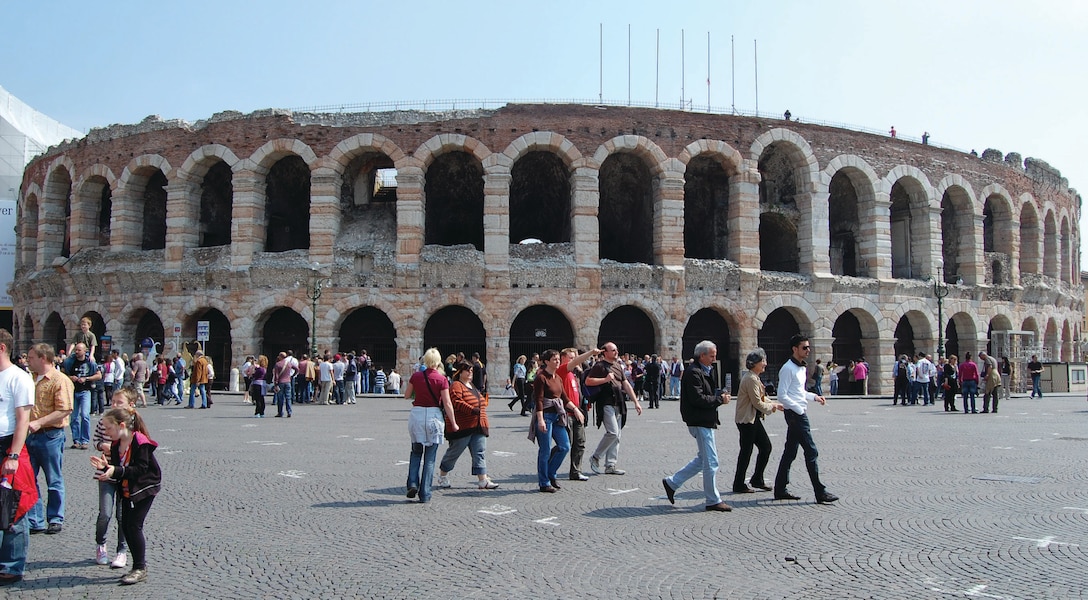 The third largest amphitheatre in Italy rests at the end of the Piazza Bra in Verona, Italy. Completed around 30 A.D. and able to seat about 25,000 people, the  arena showcases a variety of operas throughout the summer. (U.S. Air Force photo/Staff Sgt. Lindsey Maurice)