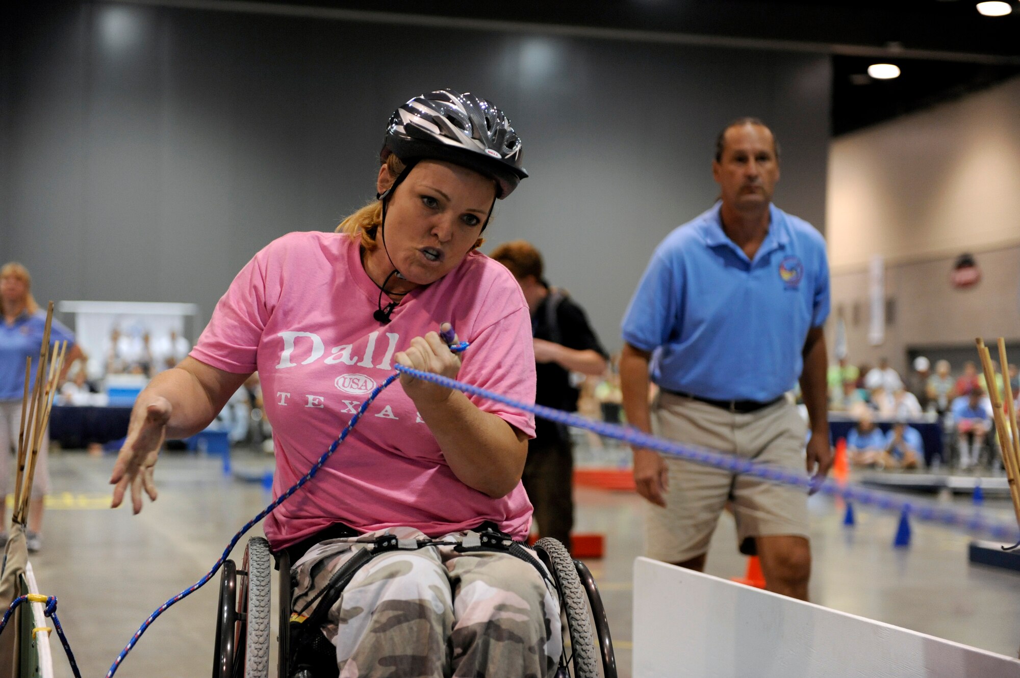 Patricia LaBar pulls a rope as she competes in the slalom super G competition during the 29th National Veterans Wheelchair Games July 16 in Spokane, Wash. Ms. LaBar is an Army veteran and resides in Dallas. (U.S. Air Force photo/Staff Sgt. Desiree N. Palacios)