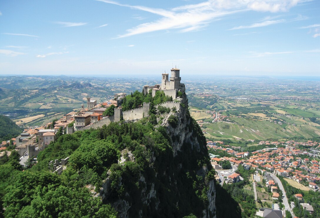 The Guaita Fortress, built in the XI century, overlooks the Republic of San Marino. The fortress, otherwise known as the "first tower" has been restored several times throughout its long history. The prominent landmark provides tourists a variety of great photo opportunities. (U.S. Air Force photo/2nd Lt. Brian Wagner)                              