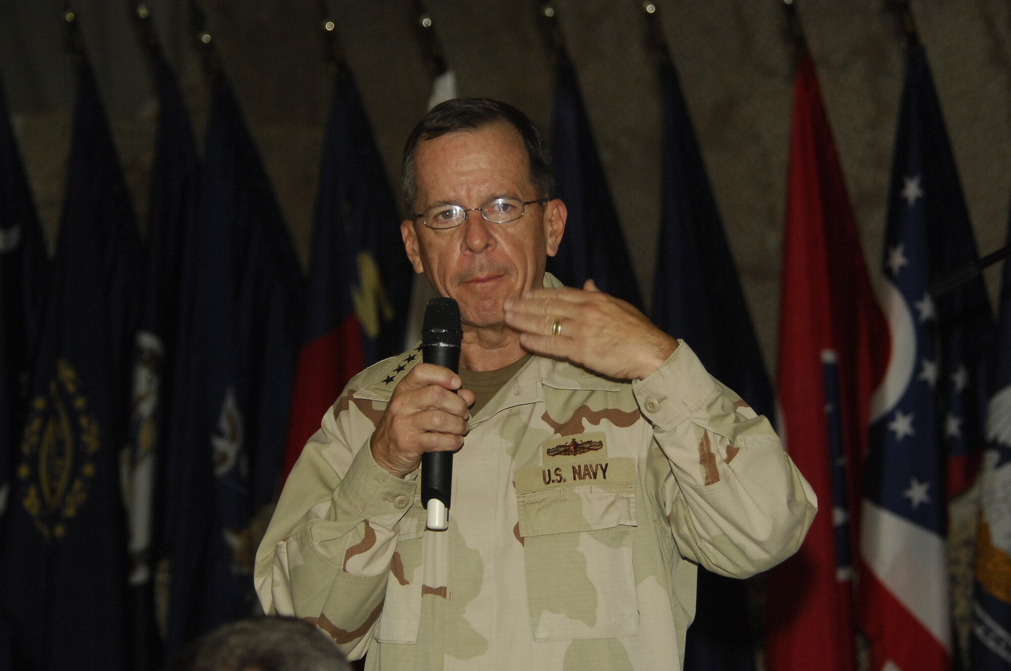 BAGRAM AIRFIELD, Afghanistan -- To standing room only crowds, the Chairman of the Joint Chiefs of Staff, Admiral Michael Mullen discussed top issues with about 300 servicemembers here July 14. "I believe you make up the best military in history, not just of our country, but on this Earth," he said. "I believe in the depth of my heart and soul, we can succeed here in Afghanistan." (U.S. Air Force photo/Tech Sgt. John Jung)


