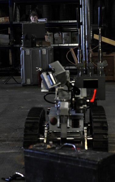British Air Cadet, Cpl. Ian Callow native of Aberdeen, Scotland, maneuvers an Explosive Ordnance Disposal Talon Robot during the cadets' visit to Ramstein Air Base, Germany, July 14, 2009. The cadets visited Ramstein Air Base for a week of leadership development and contingency skills training. (U.S. Air Force photo by Senior Airman Nathan Lipscomb)