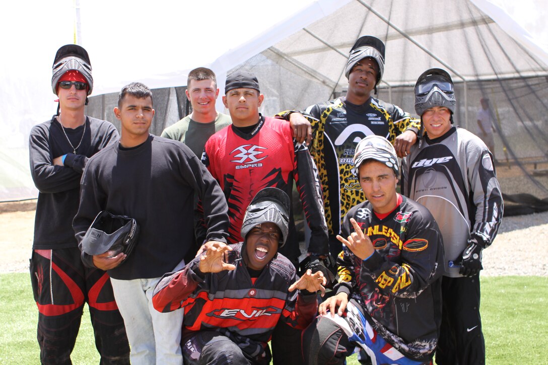 (Left to right standing) Lance Cpl. James Krawczyk, Lance Cpl. Deo Lachman, Lance Cpl. Josh Wagner, Pfc. David Rodriguez, Lance Cpl. Matt Haley, Pfc. Brett Shanahan, (left to right kneeling) Lance Cpl. Devron McClinton and Pfc. Lance Vargas, all with Combat Logistics Battalion 1, participated at the 2009 Marine West Coast Paintball Championship at the new Camp Pendleton Tournament Paintball Park, July 17. The Marines formed team “Smash” and took second place at the tournament.