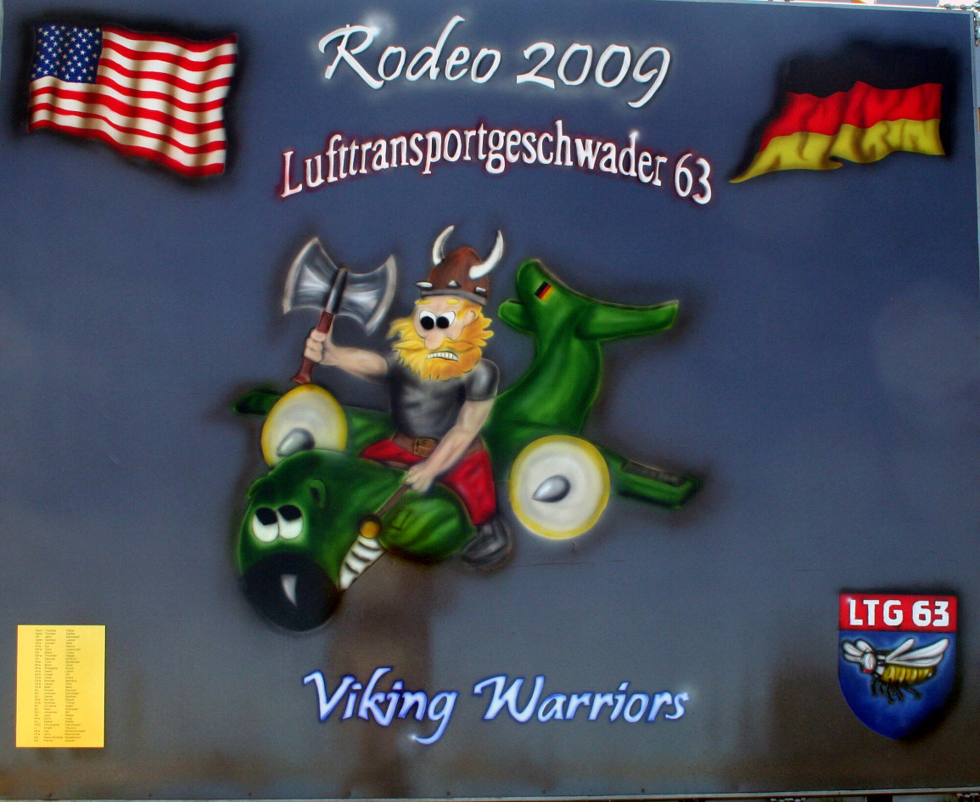 A painted pallet created by members of the Belgian air force is on display in Rainier Ranch on McChord Air Force Base, Wash., July 18, 2009.  Rainier Ranch serves as "entertainment central" for Air Mobility Command's RODEO 2009.  The ranch is an open space holding 46 tents where some of the more than 100 teams participating in RODEO can display items from their unit, base or country.  (U.S. Air Force Photo/Tech. Sgt. Scott T. Sturkol)