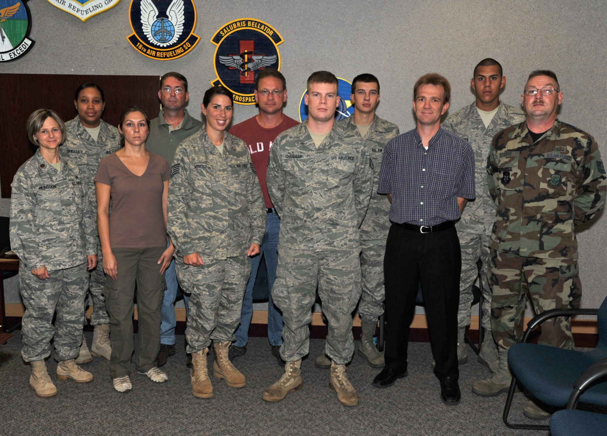 The following Airmen joined the 931st Air Refueling Group during the July Unit Training Assembly: (front row) Maj. Lisa Huntoon, Tech. Sgt. Catherine Olivarez, Tech. Sgt. Celeste Arnold, Staff Sgt. Ryan Chandler, Senior Airman Michael O'Neill, Tech. Sgt. James Lene, (back row) Senior Airman Charlina Shelley, Airman 1st Class Chirstopher Paulus, Senior Airman Shannon Fox, Airman 1st Class Joshua Macormac, and Airman Basic Randy Ybarra. (U.S. Air Force photo)
