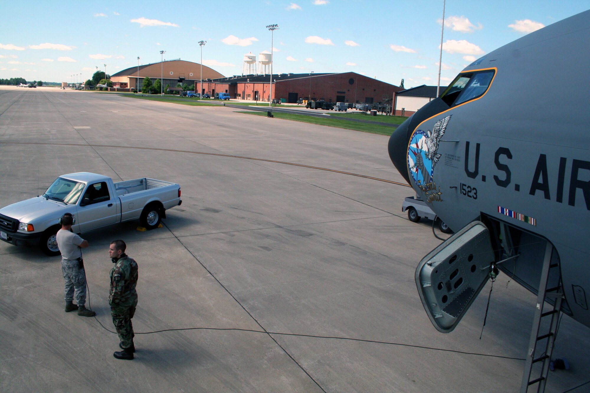 Airmen prepare a KC-135R Stratotanker from the Pennsylvania Air National Guard's 171st Air Refueling Wing at Pittsburgh, for departure from Scott Air Force Base, Ill., July 17, 2009, to fly to McChord Air Force Base, Wash., for Air Mobility Command's RODEO 2009.  More than 100 teams and 2,500 people from the U.S. Air Force, Air Force Reserve, Air National Guard and selected foreign countries will compete.  RODEO 2009 will include more than 50 competition events covering air mobility, flight and ground specialties and focuses on combat skills.  (U.S. Air Force Photo/Tech. Sgt. Scott T. Sturkol)
