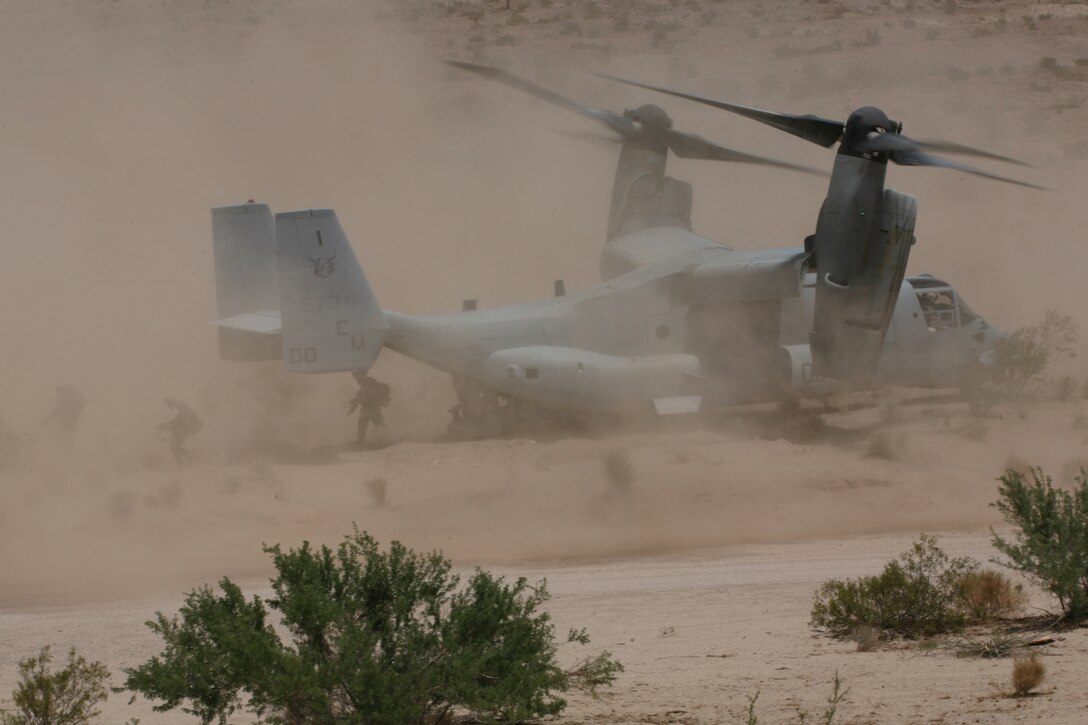 Marines with 3rd Battalion, 6th Marine Regiment, move to firing positions during a Clear Hold Build exercise with Marine Medium Tiltrotor Squadron 261 at Quackenbush Training Area aboard the Combat Center July 19.