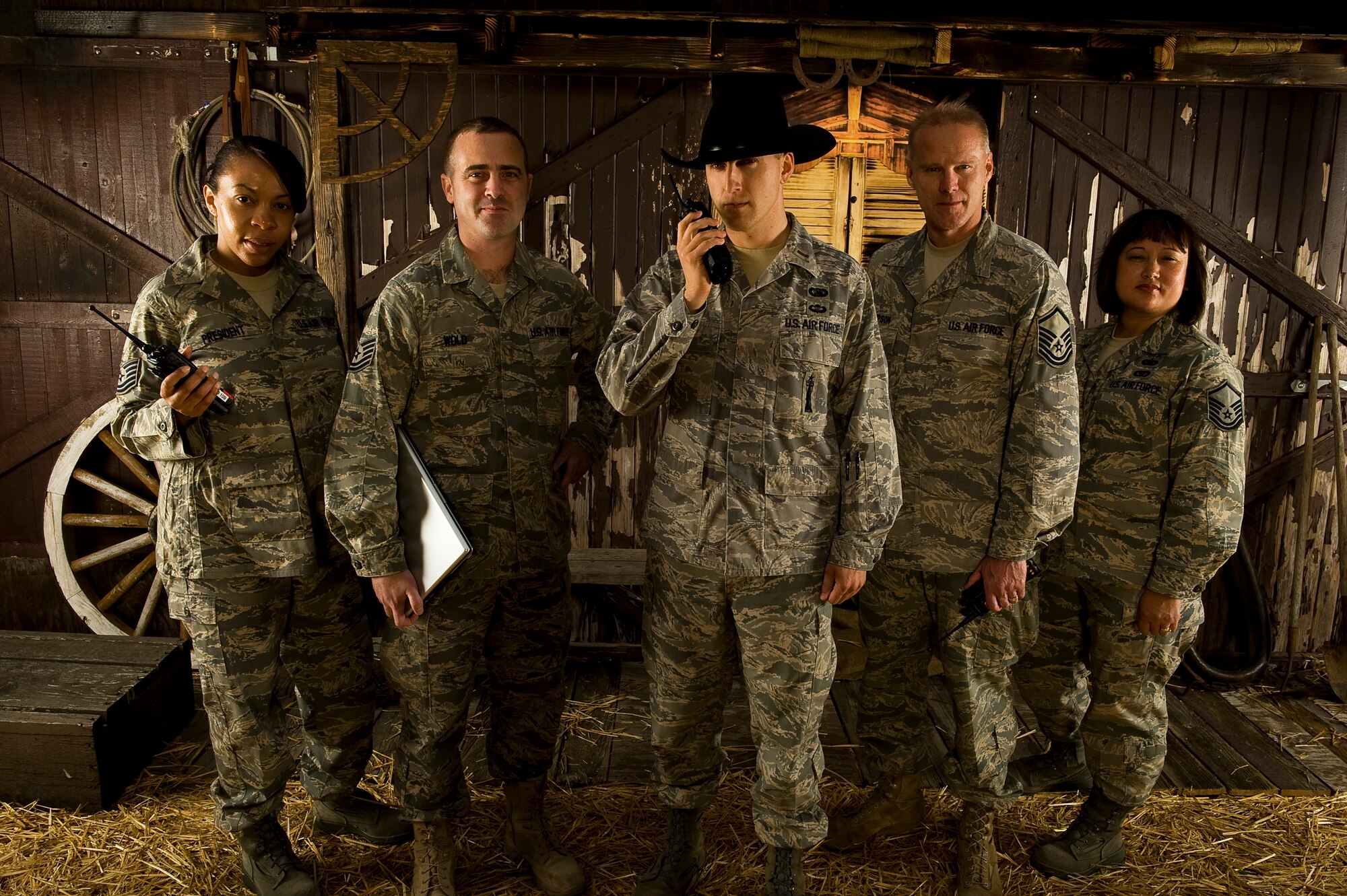 The RODEO Communications team helps ensure all communication are operable during the competitions.  RODEO is an international combat skills and flying operations competition designed to develop and improve techniques and procedures with our international partners to enhance mobility operations.  The RODEO communications team are, from left, Tech. Sgt. LaSandra President, Tech. Sgt. Rease Wold, 2nd Lt. Andrew Day, Master Sgt. Kevin Sampson and Master Sgt. Diana Feeley. (U.S. Air Force photo)