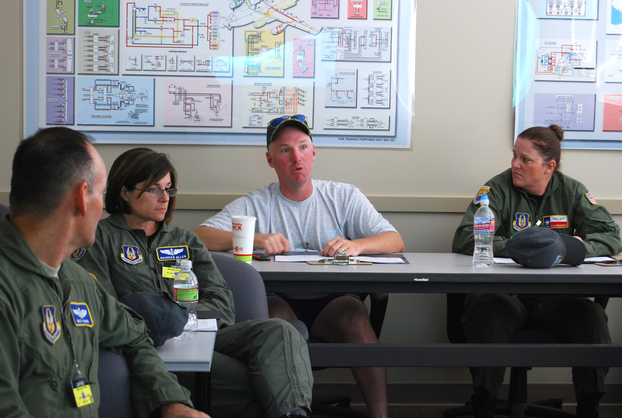 Master Sgt. Doug Tye, Headquarters Air Mobility Command command air evacuation technician evaluator from Scott Air Force Base, Ill., clarifies some issues July 19, 2009, he had about umpiring prior to the Air Mobility RODEO 2009 aeromedical evacuation competition at McChord Air Force Base, Wash.  (U.S. Air Force Photo/Airman 1st Class Amber Kelly-Herard)