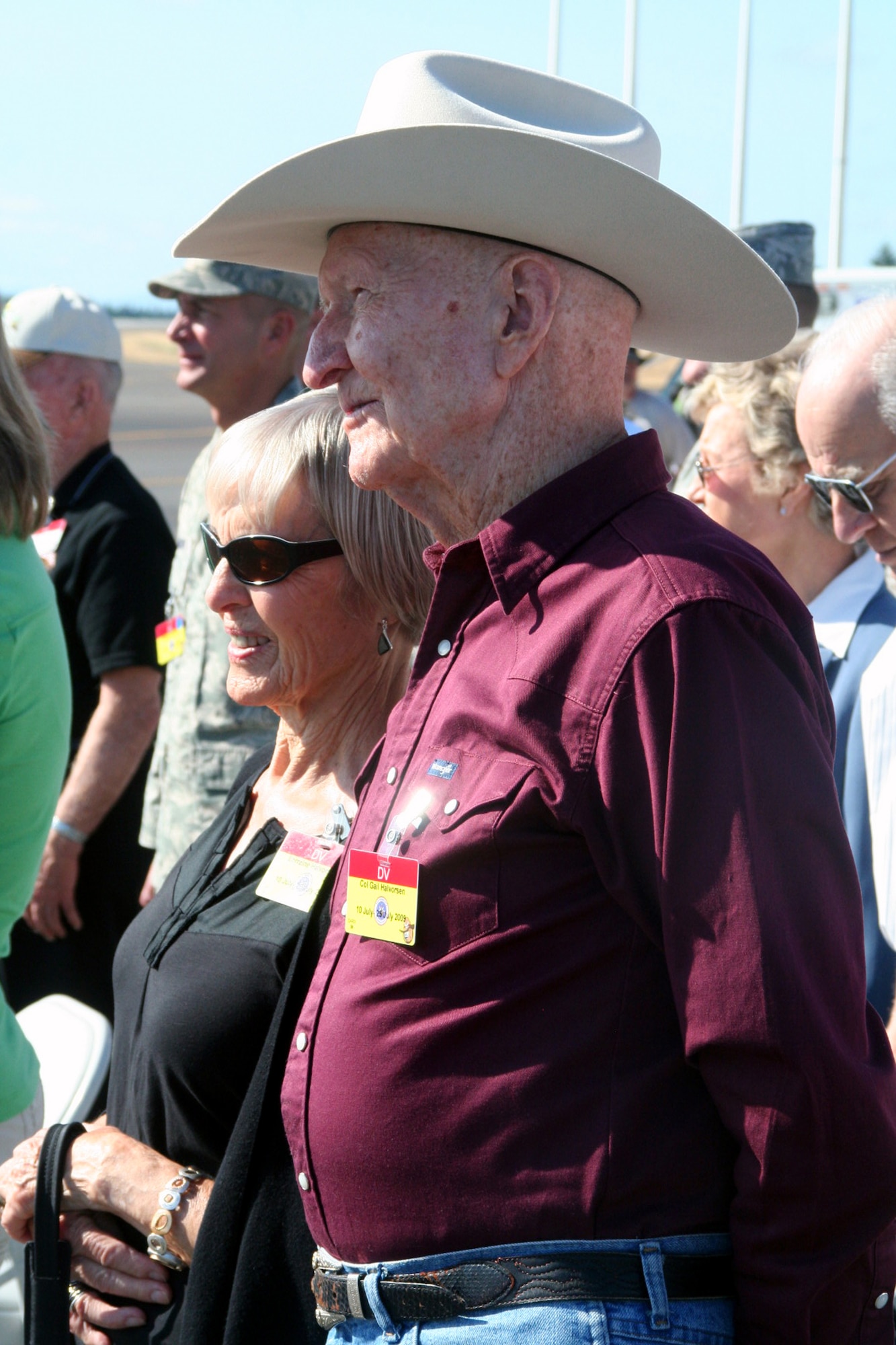 Retired Col. Gail Halvorson, also known as the "Candy Bomber" from the Berlin Airlift of 1947, participates in the opening ceremonies for Air Mobility Command's RODEO 2009 July 19 at McChord Air Force Base, Wash.  More than 100 teams are participating in RODEO competition, including teams from seven foreign countries. RODEO is the U.S. Air Force's and AMC's premier air mobility competition. It's an international combat skills and flying operations competition designed to develop and improve techniques, procedures and interoperability with international partners to optimize mobility partnerships and enhance mobility operations. (U.S. Air Force Photo/Tech. Sgt. Scott T. Sturkol)