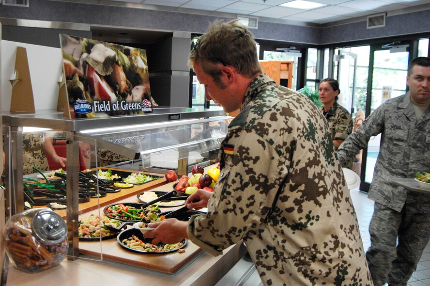 German Air Force members visit the Olympic Dining Facility at McChord Air Force Base, Wash., during Air Mobility RODEO 2009, July 19. RODEO is an international combat skills and combat operations competition designed to develop and improve techniques and procedures with our international partners to enhance mobility operations. (U.S. Air Force photo/Senior Airman Matthew Cook)