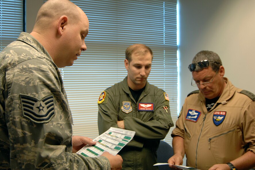 Tech. Sgt. Jonathan Liska gives a weather brief to German Air Force C-160 pilot Capt. Hartmut Leister before a flight during Air Mobility RODEO 2009 at McChord Air Force Base, Wash., July 19. RODEO is an international combat skills and combat operations competition designed to develop and improve techniques and procedures with our international partners to enhance mobility operations. (U.S. Air Force photo/Senior Airman Matthew Cook)