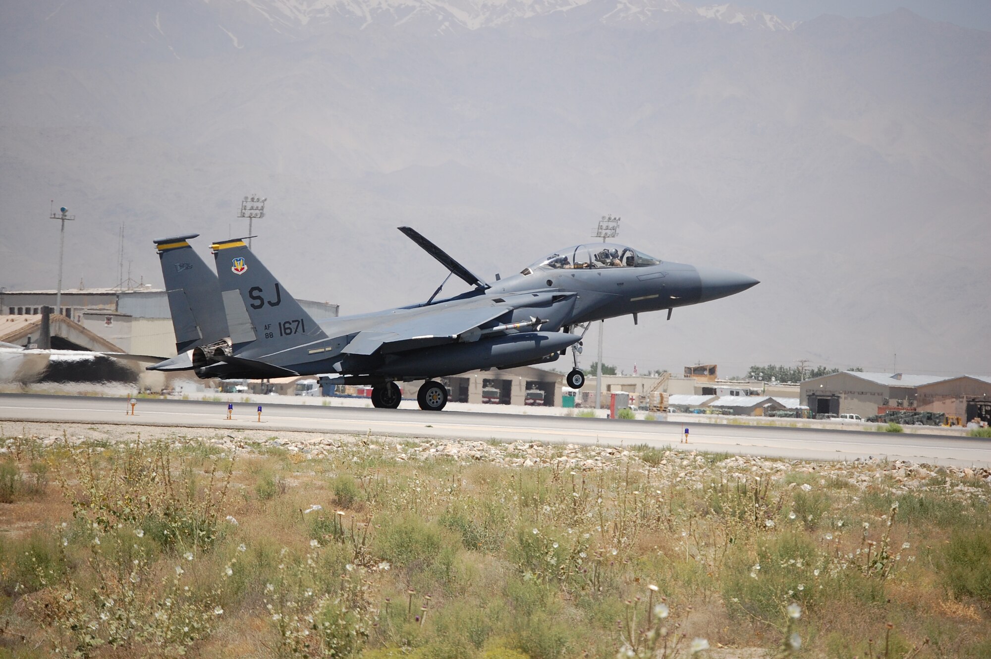 BAGRAM AIR FIELD, Afghanistan -  Two Air Force officers were killed July 18 in the crash of an F-15E Strike Eagle, like the one shown here. The aircraft, assigned to Seymour Johnson Air Force Base, N.C., was flying in support of coalition operations in eastern Afghanistan.