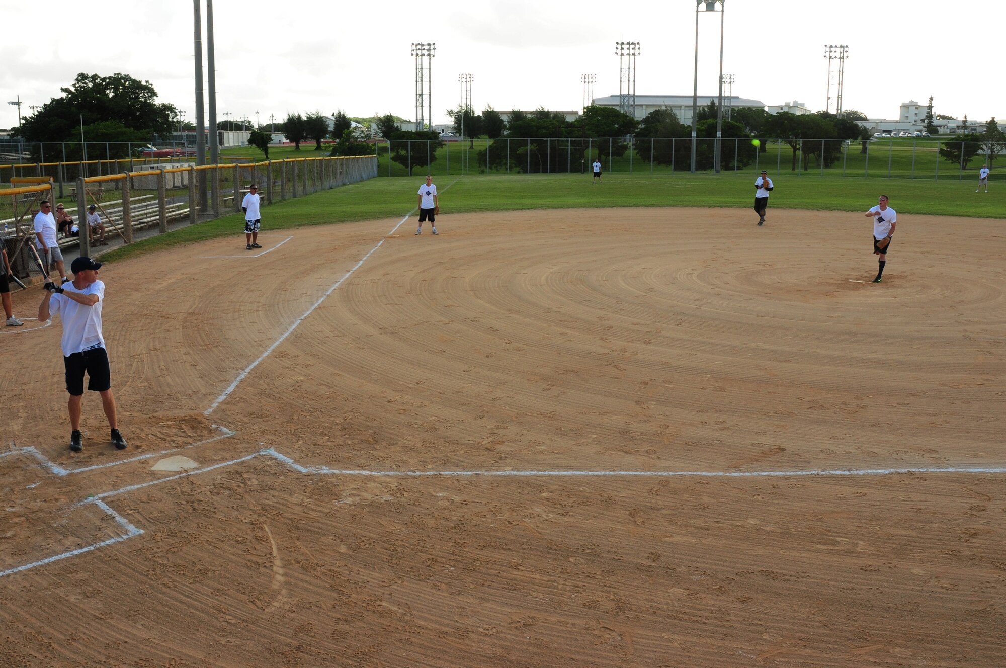 Chief Master Sgt. Michael Warner, 18th Wing command chief, waits patiently for the perfect pitch at the Dorm Softball Tournament at Kadena Air Base July 18. The First Sergeants Assocation, which sponsored the event, plans to hold the tournament annually.
