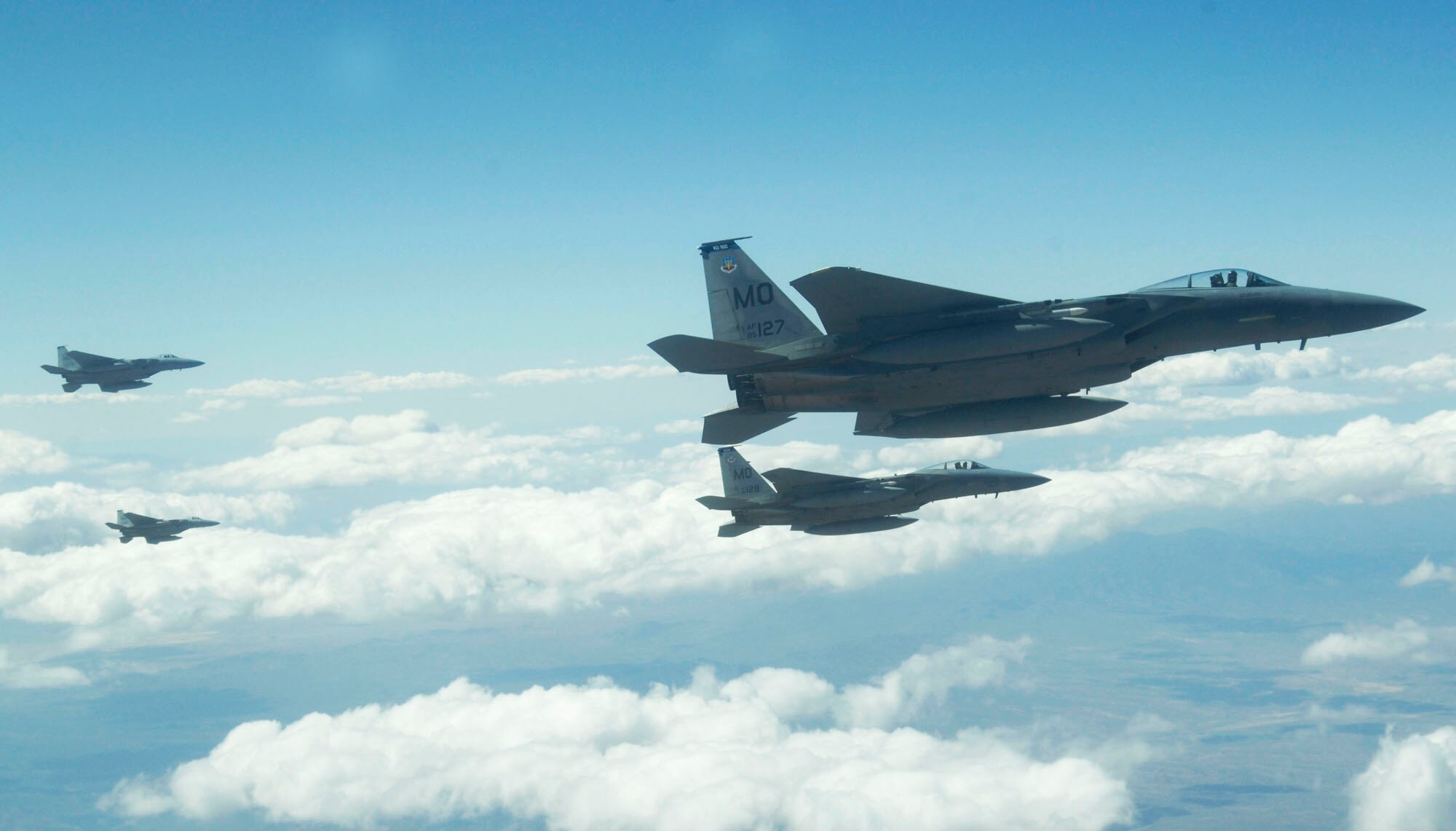 A 4-ship of F-15's from Mountain Home Air Force Base, Idaho head out to the  Nevada Test and Training Range, July 17, 2009 during Red Flag 09-4. Red Flag is a realistic combat training exercise involving the air forces of the United States and its allies. The exercise is conducted on  the 15,000-square-mile Nevada Test and Training Range, north of Las Vegas. Red Flag is one of a series of advanced training programs administered by the U.S. Air Force Warfare Center and Nellis, through the 414th Combat 
Training Squadron. Red Flag is a realistic combat training exercise involving the air forces of the United States and its allies. The exercise is conducted on the 15,000-square-mile Nevada Test and Training Range, north of Las Vegas. Red Flag is one of a series of advanced training programs administered by the U.S. Air Force Warfare Center and Nellis, through the 414th Combat Training Squadron. Flying for Red Flag 09-4 began July 13 and ends July 24. Units participating in 09-4 are from Nellis and Creech in Nevada, South Carolina, Idaho, the United Kingdom, Washington, Oklahoma and Ohio. Aircraft types include F-15s, F-16s, E-3s and KC-135s. In addition to U.S. aircraft, the Israeli Air Force will be flying F-16C Falcons.

(U.S. Air Force photo/ Master Sgt. Kevin J. Gruenwald) released
