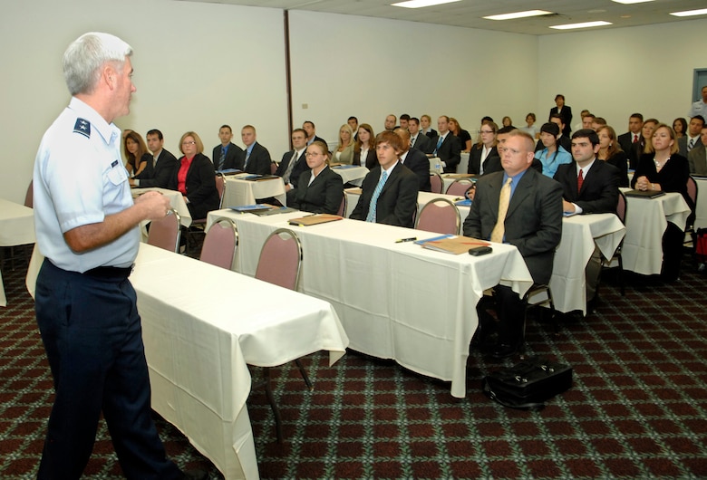 Maj. Gen. Thomas Owen, director of Logistics and Sustainment for Headquarters Air Force Materiel Command, speaks to newly hired Air Force civilian contracting specialists during their in-processing July 20 at Wright-Patterson Air Force Base, Ohio. The new hires are part of a recently announced Air Force-wide effort to increase the size of its in-house acquisition workforce, following an extended period of restructure and downsizing. Owen has been selected for promotion to lieutenant general and reassignment in August as commander, Aeronautical Systems Center. (U.S. Air Force photo/Al Bright).
