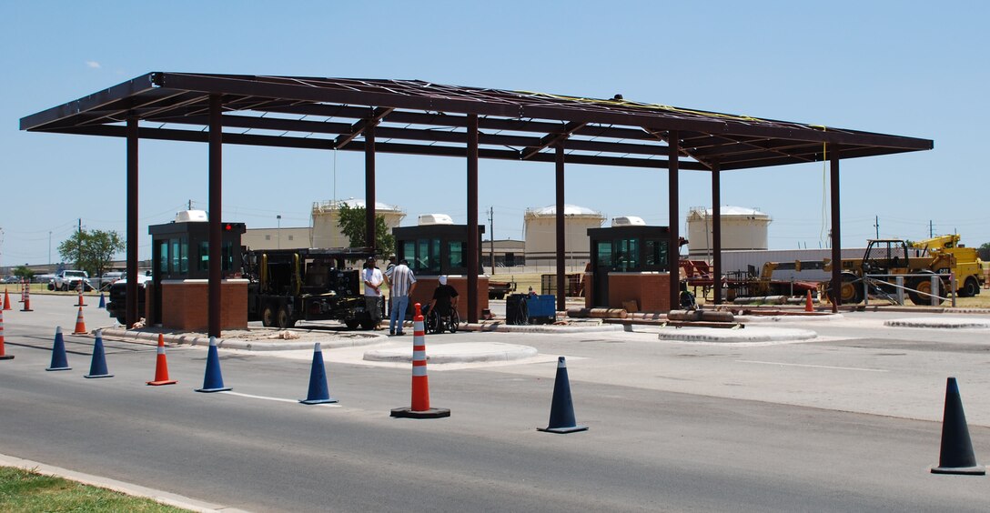 Construction on the Missile Road gate began July 13 with an expected completion date of August 13 . The gate has undergone multiple projects aimed at improving the Anti-Terrorism and Force Protection capabilities while improving quality of life for guards working the gate. (U.S. Air Force Photo/ Airman 1st Class Matthew Varga)
