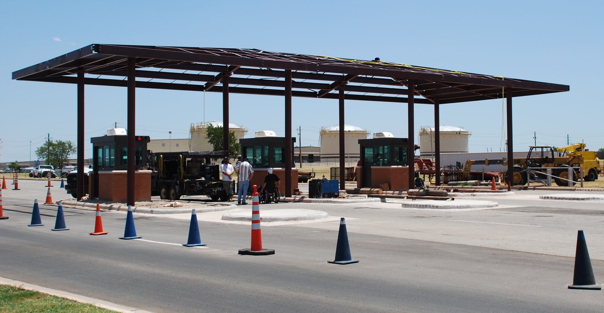 Construction on the Missile Road gate began July 13 with an expected completion date of August 13 . The gate has undergone multiple projects aimed at improving the Anti-Terrorism and Force Protection capabilities while improving quality of life for guards working the gate. (U.S. Air Force Photo/ Airman 1st Class Matthew Varga)
