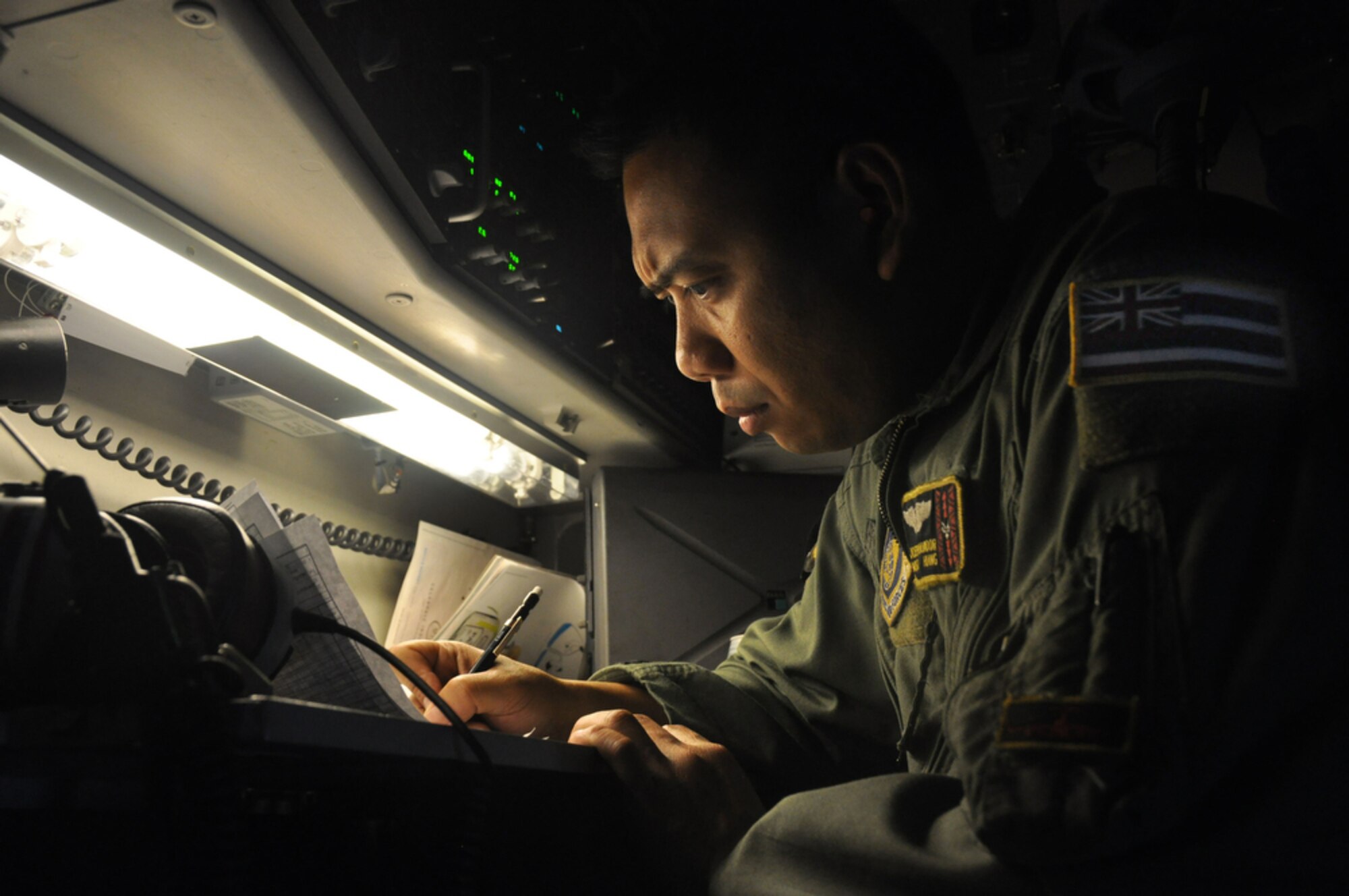Master Sgt. Joseph Salvador verifies weight amounts while en route to Kupang, Indonesia, July 15 to support of Operation Pacific Angel 2009. Sergeant Salvador is a loadmaster with the Hawaii Air National Guard?s 204th Airlift Squadron at Hickam Air Force Base, Hawaii. Pacific Angel is a Pacific Air Forces humanitarian assistance operation in the Asia-Pacific region led by 13th Air Force at Hickam AFB. (U.S. Air Force photo/Tech. Sgt. Cohen A. Young)