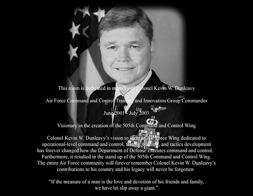 HURLBURT FIELD, Fla. -- An image of Col. Kevin W. Dunleavy is seen on a plaque. The plaque will be placed in the Col. Kevin W. Dunleavy Room, which was dedicated during a ceremony July 16 at the 505th Command and Control Headquarters Building 90005. (U.S. Air Force photo/Keith Keel)