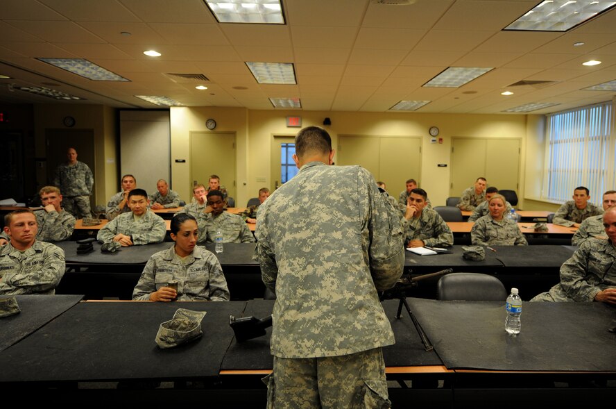 CAMP BLANDING, Fla. -- U.S. Army Staff Sgt. Matthew Strang, 211th Regiment, Regional Training Institute infantry instructor, teaches Airmen how to use an M240 Machine Gun during combat weather training here July 20. The Airmen are completing a new 30-day course with help from the U.S. Army National Guard. (U.S. Air Force photo by Senior Airman Gina Chiaverotti-Paige) 