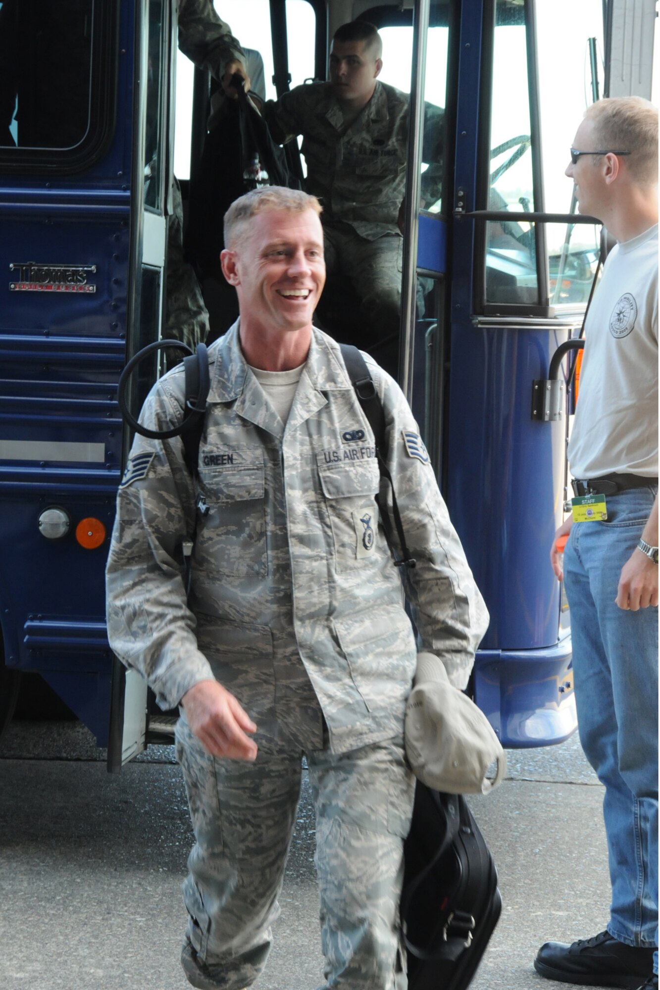 SEYMOUR JOHNSON AIR FORCE BASE, N.C. -- Staff Sgt. Stephen Green, 916th Security Forces Squadron, departs the bus at McChord Air Force Base, Wash. bound for Air Mobility Command's RODEO competition. (U.S. Air Force photo by: Tech. Sgt. Scotty Sweatt)