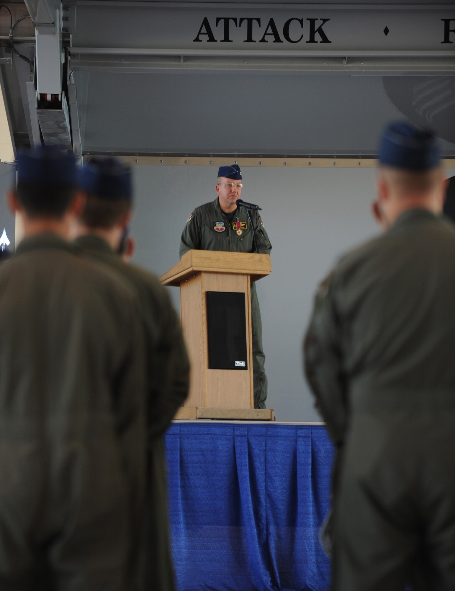 MOODY AIR FORCE BASE, Ga. -- Col. Michael O'Dowd, 23rd Fighter Group outgoing commander, gives his final remarks before relinquishing command to Col. Ellwood Hinman IV at the 23rd FG change of command ceremony here July 20. (U.S. Air Force photo by Tech. Sgt. Jeffrey Allen)