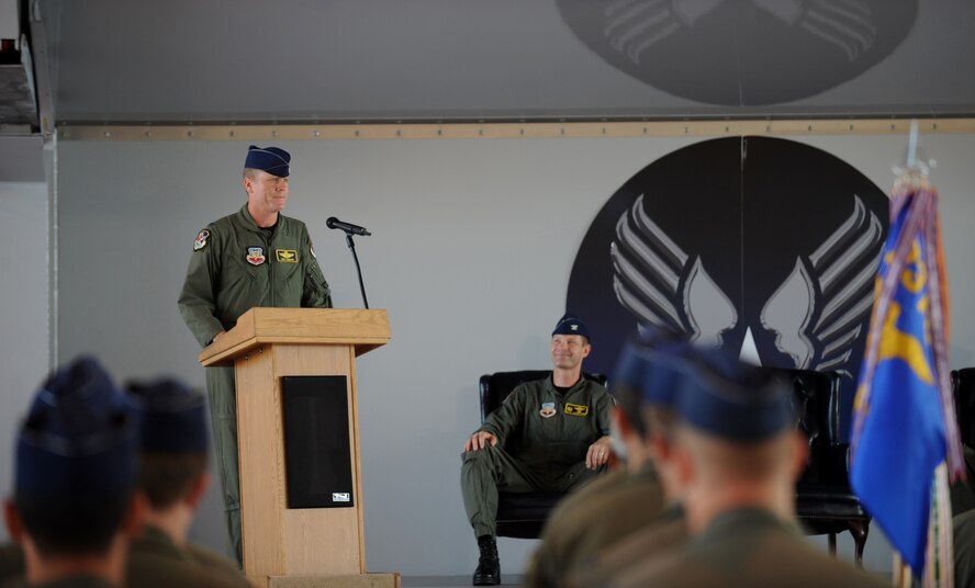 MOODY AIR FORCE BASE, Ga. -- Colonel Ellwood Hinman IV, 23rd Fighter Group incoming commander, gives his remarks after accepting command from Col. Gary Henderson, 23rd Wing commander, at the 23rd FG change of command ceremony here July 20. (U.S. Air Force photo by Tech. Sgt.  Jeffrey Allen)