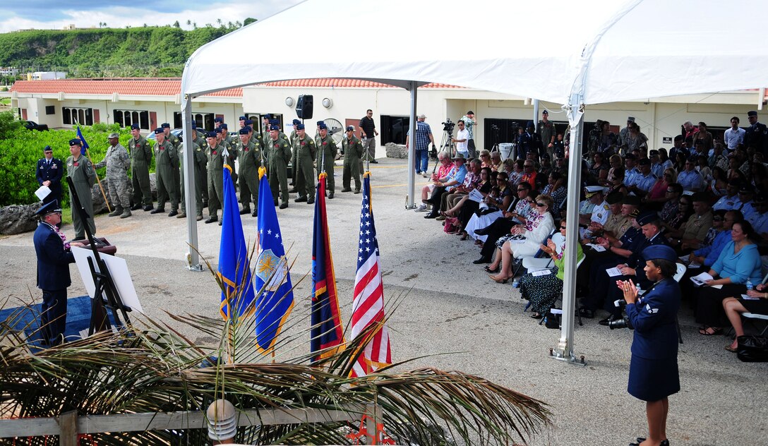 ANDERSEN AIR FORCE BASE, Guam - Brig. Gen. Phil Ruhlman, 36th Wing commander, speaks about the dedication of the Raider 21 aircrew to the family, friends and fellow co-workers during the unveiling ceremony at the Governor's Complex at Adelup Point in Hagatna, Guam, July 20. Family, friends and co-workers of Raider 21 along with Team Andersen and Guam community members honored the memory of the Raider 21 aircrew with a ceremony and an unveiling of a memorial dedicated to the Airmen. (U.S. Air Force photo by Airman 1st Class Courtney Witt)




