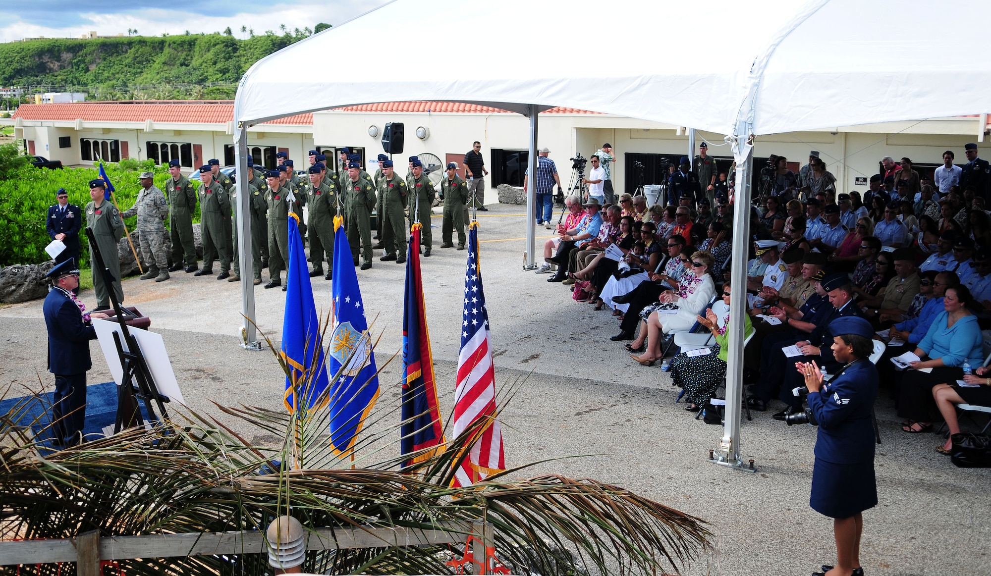 ANDERSEN AIR FORCE BASE, Guam - Brig. Gen. Phil Ruhlman, 36th Wing commander, speaks about the dedication of the Raider 21 aircrew to the family, friends and fellow co-workers during the unveiling ceremony at the Governor's Complex at Adelup Point in Hagatna, Guam, July 20. Family, friends and co-workers of Raider 21 along with Team Andersen and Guam community members honored the memory of the Raider 21 aircrew with a ceremony and an unveiling of a memorial dedicated to the Airmen. (U.S. Air Force photo by Airman 1st Class Courtney Witt)




