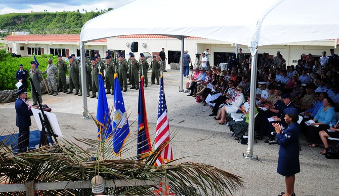 ANDERSEN AIR FORCE BASE, Guam - Brig. Gen. Phil Ruhlman, 36th Wing commander, speaks about the dedication of the Raider 21 aircrew to the family, friends and fellow co-workers during the unveiling ceremony at the Governor's Complex at Adelup Point in Hagatna, Guam, July 20. Family, friends and co-workers of Raider 21 along with Team Andersen and Guam community members honored the memory of the Raider 21 aircrew with a ceremony and an unveiling of a memorial dedicated to the Airmen. (U.S. Air Force photo by Airman 1st Class Courtney Witt)




