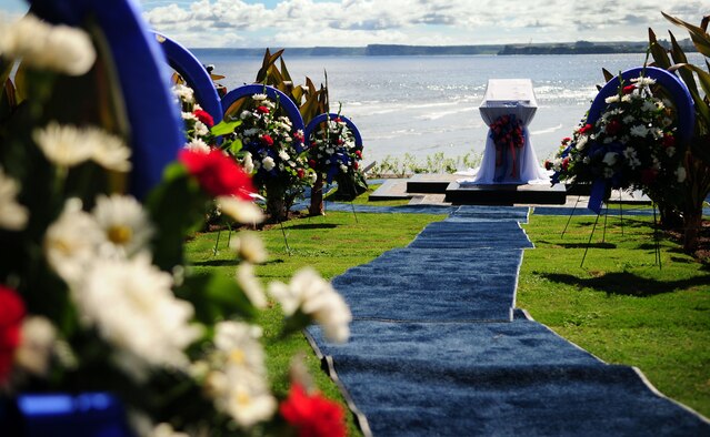 ANDERSEN AIR FORCE BASE, Guam - These wreaths represent each member of the Raider 21 aircrew that will be laid in front of the memorial during the unveiling ceremony at the Governor's Complex at Adelup Point in Hagatna, Guam July 20. Family, friends and co-workers of Raider 21 along with Team Andersen, Guam community members honored the memory of the Raider 21 aircrew with a ceremony and an unveiling of a monument dedicated to the Airmen. (U.S. Air Force photo/Airman 1st Class Courtney Witt) 