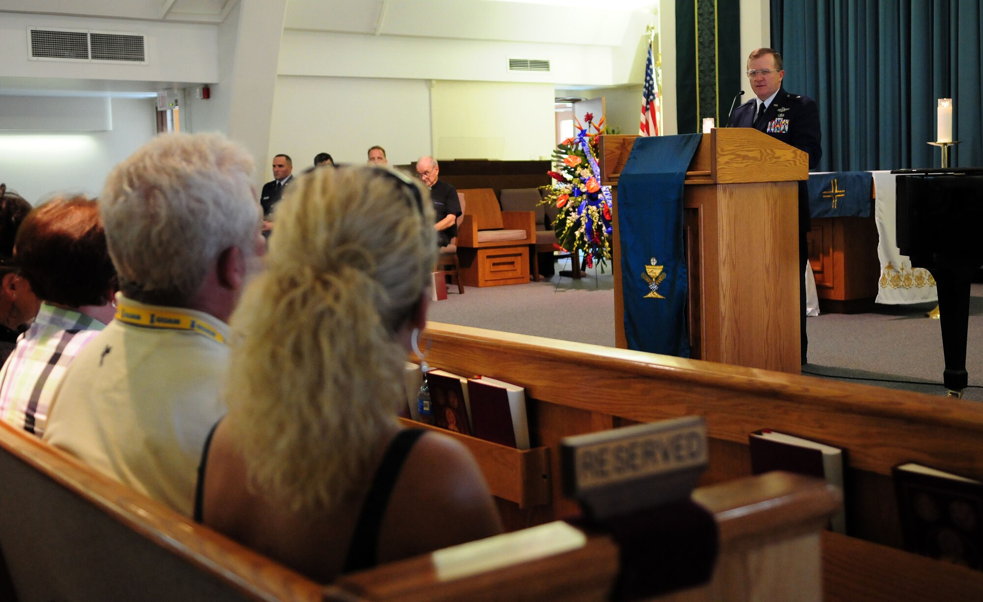 ANDERSEN AIR FORCE BASE, Guam - Brig. Gen. Phil Ruhlman, 36th Wing commander, offers his condolences during a memorial service at Andersen’s Chapel 1 in honor of the Raider 21 aircrew July 19. The memorial service was held in remembrance of Raider 21, a B-52 Stratofortress aircrew that died on Liberation Day July 21, 2008, when their aircraft crashed. (U.S. Air Force photo by Airman 1st Class Courtney Witt)


