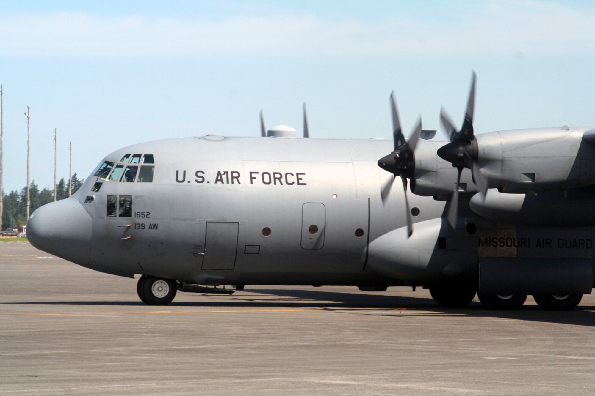 A C-130 Hercules from the 139th Airlift Wing of the Missouri Air National Guard at St. Joseph taxis on the ramp at McChord Air Force Base, Wash., after completing a competition mission for Air Mobility RODEO 2009. More than 100 teams are participating in RODEO competition, including teams from seven foreign countries. RODEO is the U.S. Air Force's and AMC's premier air mobility competition. It's an international combat skills and flying operations competition designed to develop and improve techniques, procedures and interoperability with international partners to optimize mobility partnerships and enhance mobility operations. (U.S. Air Force Photo/Tech. Sgt. Scott T. Sturkol)
